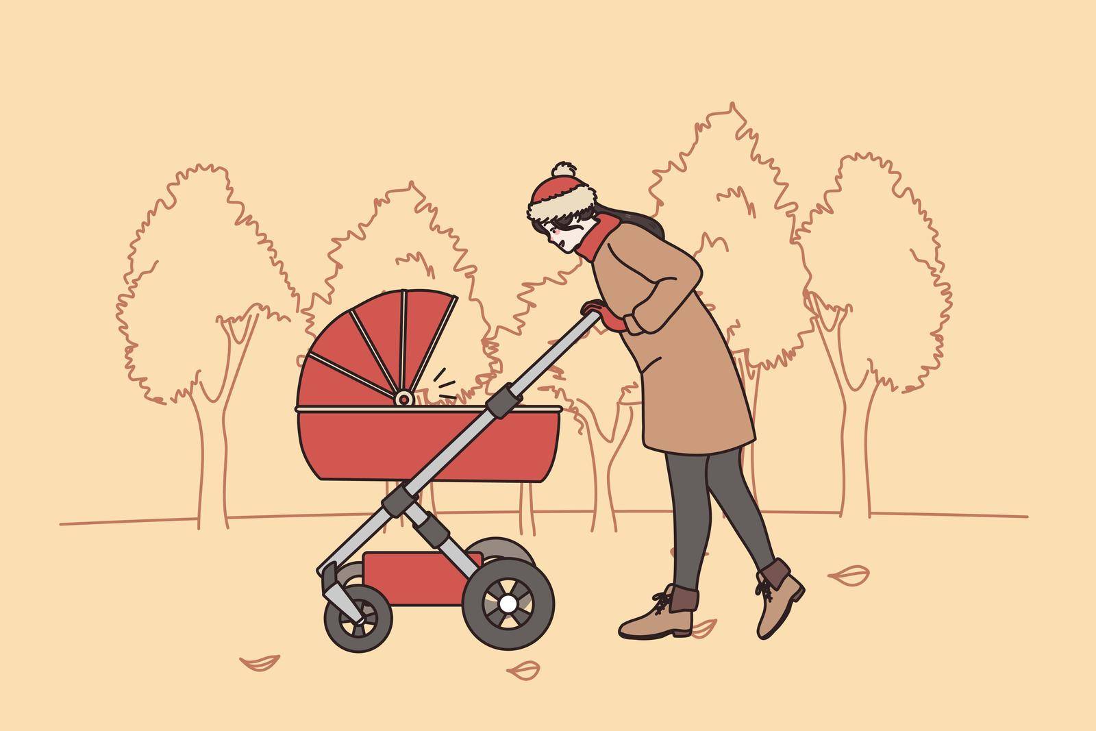 Happy motherhood and parenthood concept. Young positive loving woman mother walking with her baby in stroller in autumn park outdoors vector illustration