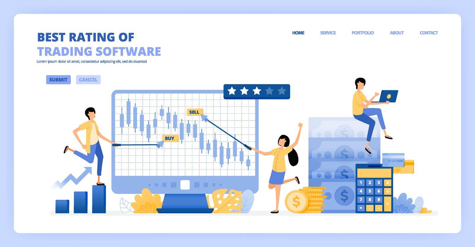 People trade candle chart software for long term profits and investments. financial literacy rating and review. Can be use for landing page template ui ux web mobile app poster banner website flyer ad