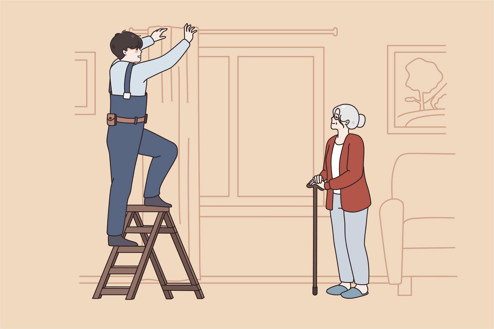 Repairing works and help concept. Young man worker repairman putting curtains to window helping elderly woman in her apartment vector illustration