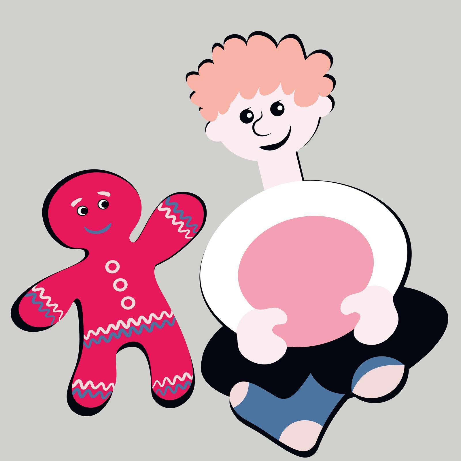 the boy sits cross-legged and smiles at the gingerbread man. Design element by p-i-r-a-n-y-a