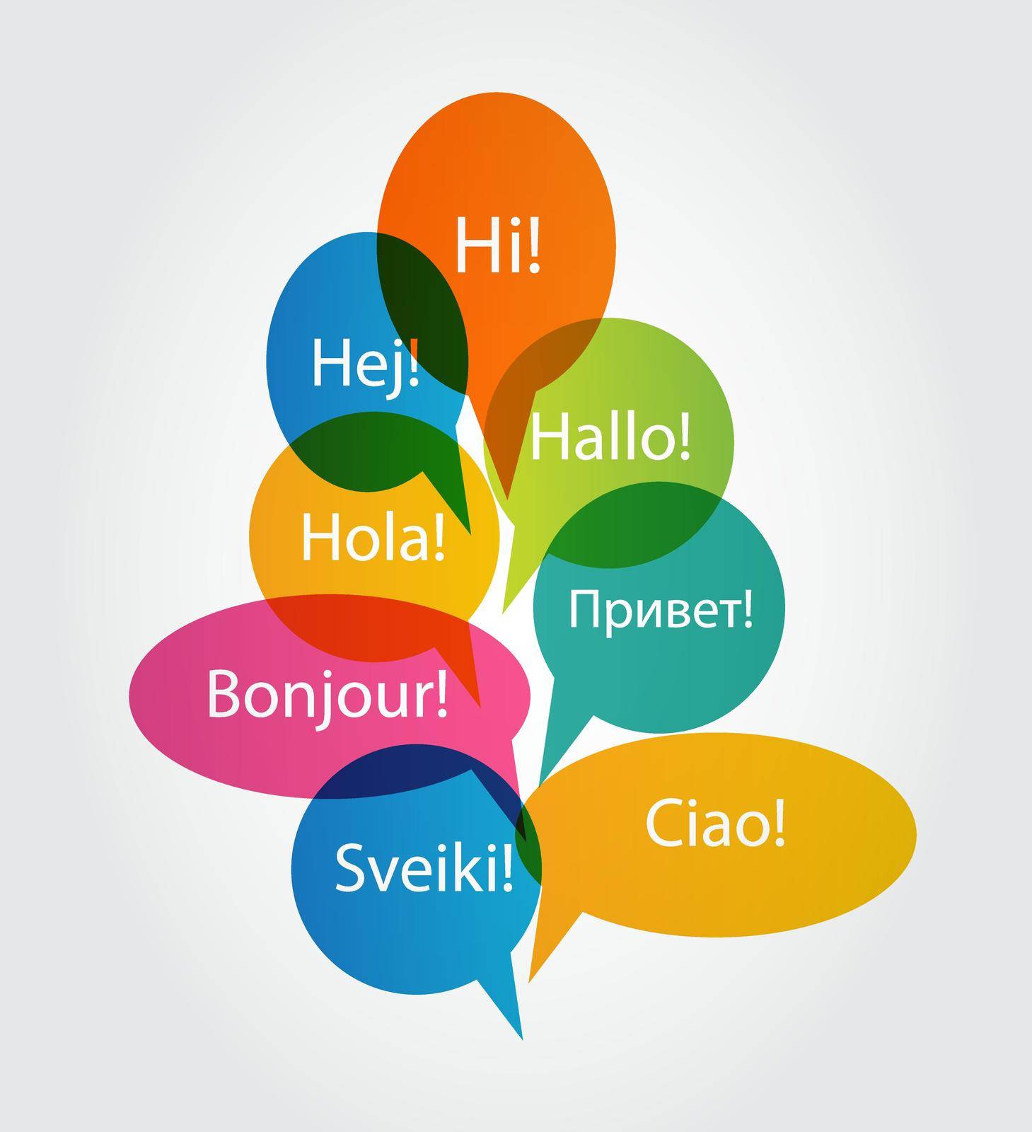 Set of Speech Bubble with Hello Word on Different Languages (Danish, Spanish, Russian, English, German, Italian, Lithuanian, French) Vector Illustration by yganko