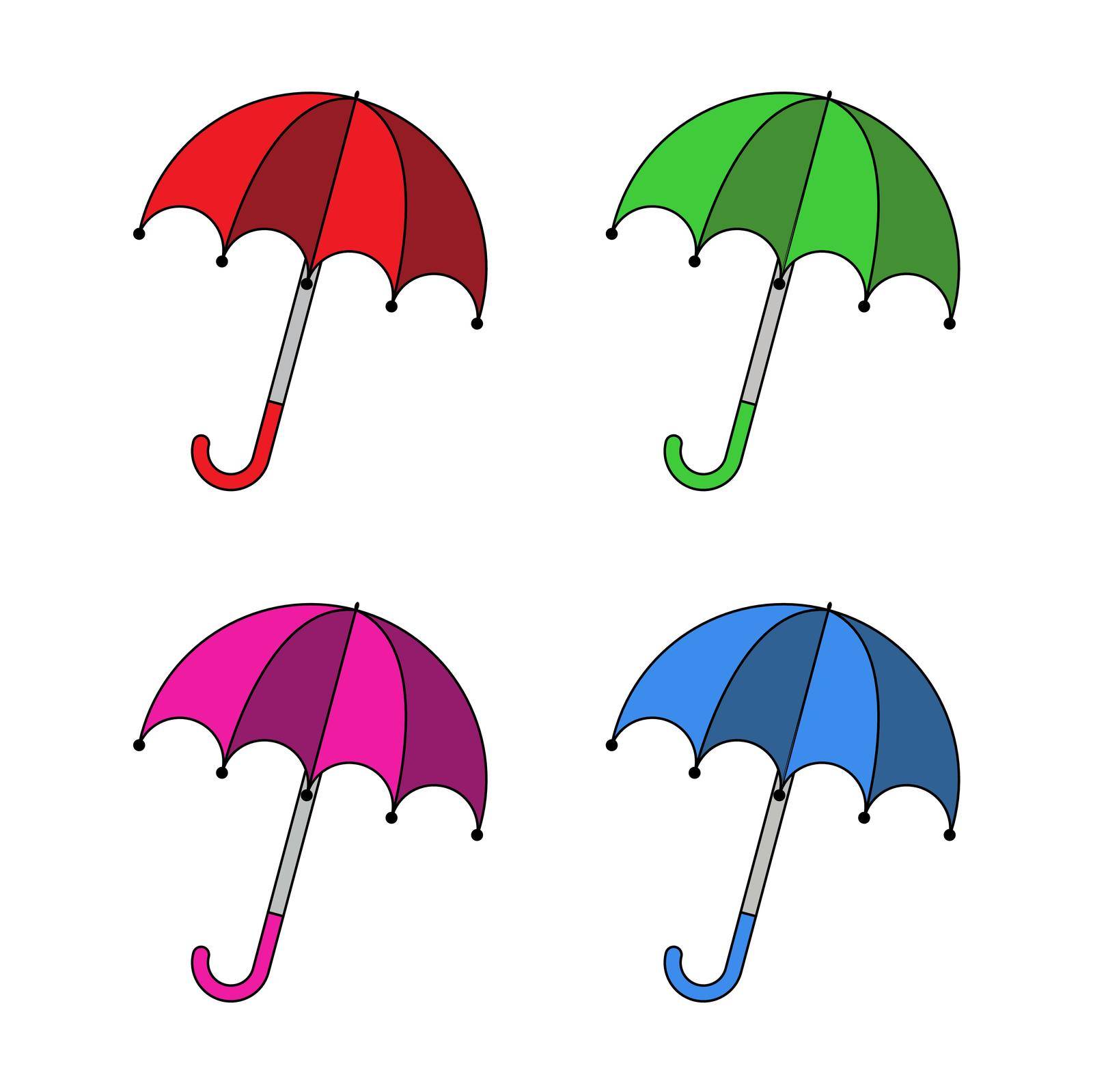 Umbrella icon set. Open parasol clip art. Vector illustration isolated on white background. Classic rain protect autumn symbol. by wektorygrafika
