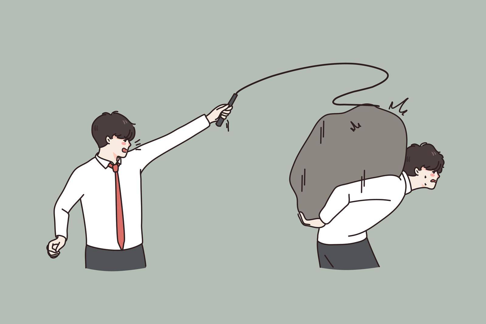 Boss or director tyrant hit male colleague with whip control work coordinates. Authoritarian aggressive businessman scold man employee carry stone. Power and superiority. Flat vector illustration.