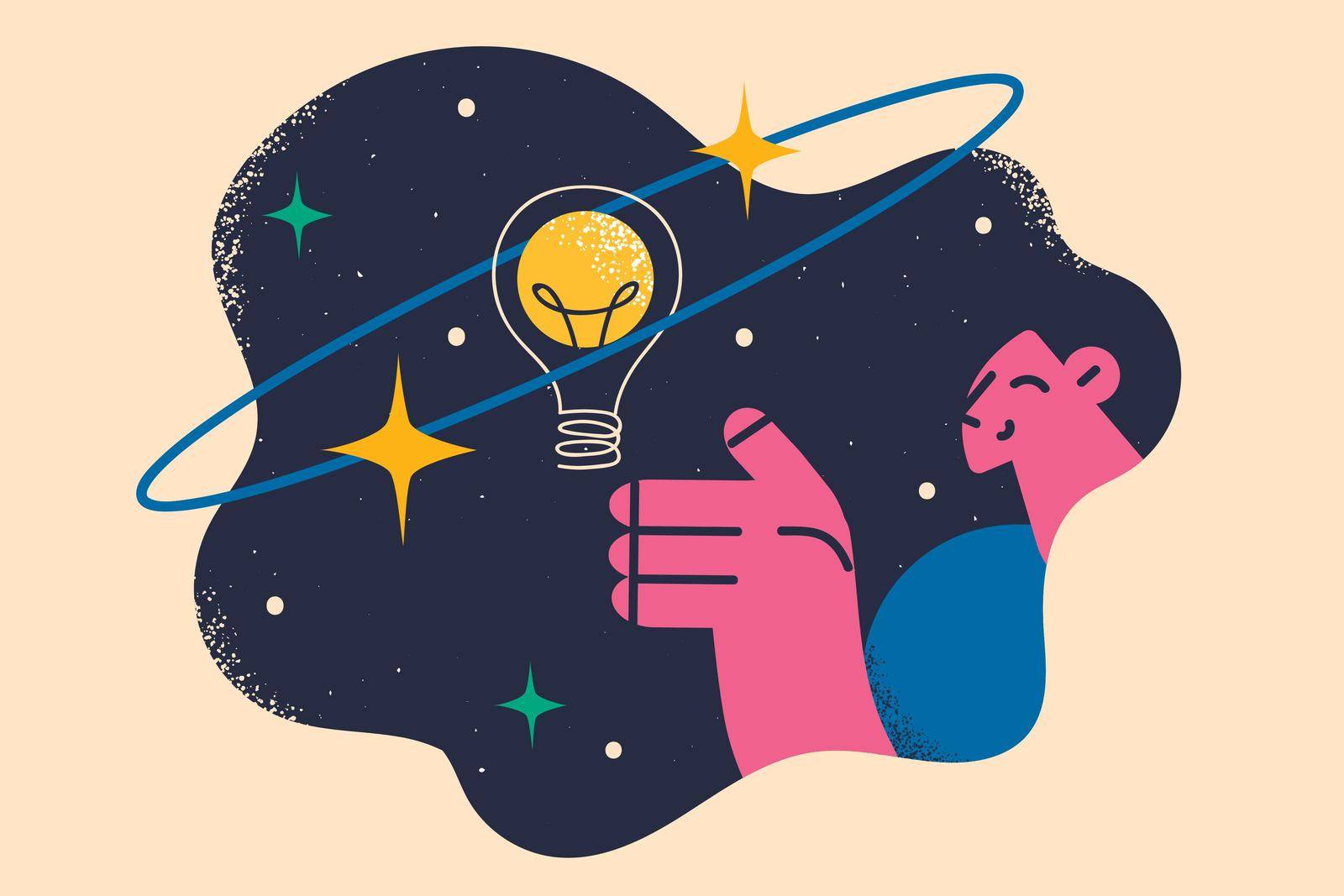 Idea, creativity and space concept. Young smiling woman cartoon character reaching for light bulb levitating in outer space vector illustration