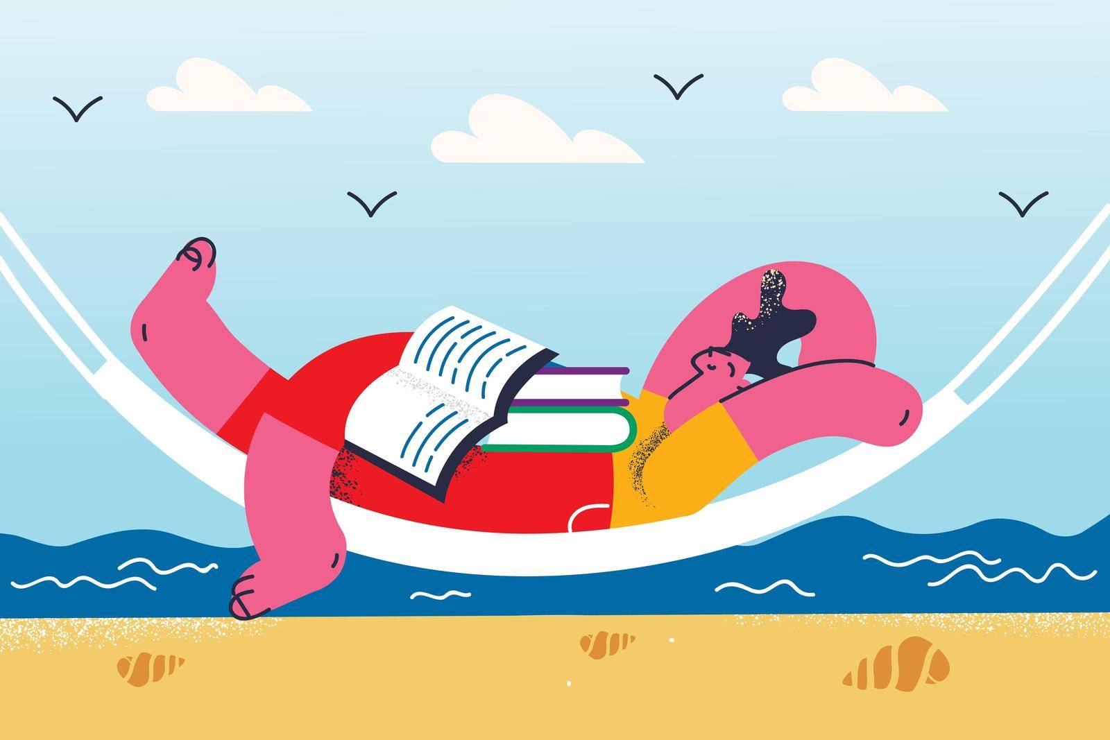 Vacations, relaxation and leisure concept. Young smiling relaxed man cartoon character lying in hammock with books near sea side feeling positive having rest vector illustration