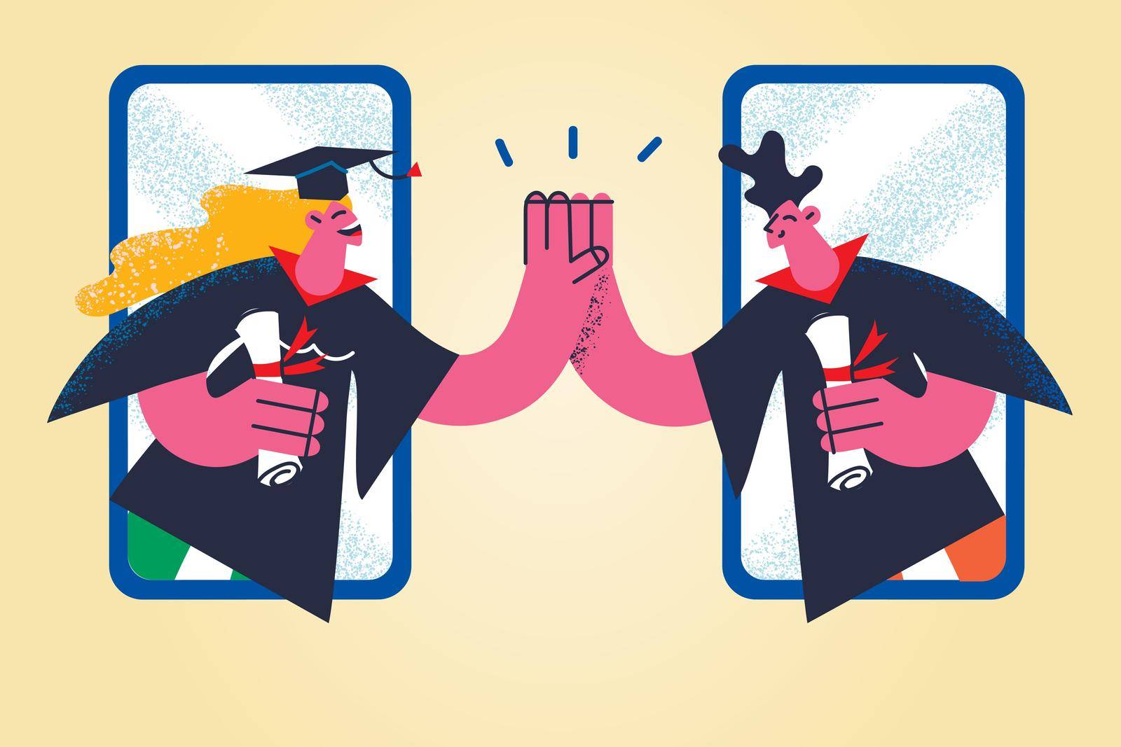 Online graduation from university concept. Young smiling graduates boy and girl cheering each other from smartphones screens feeling cheerful vector illustration
