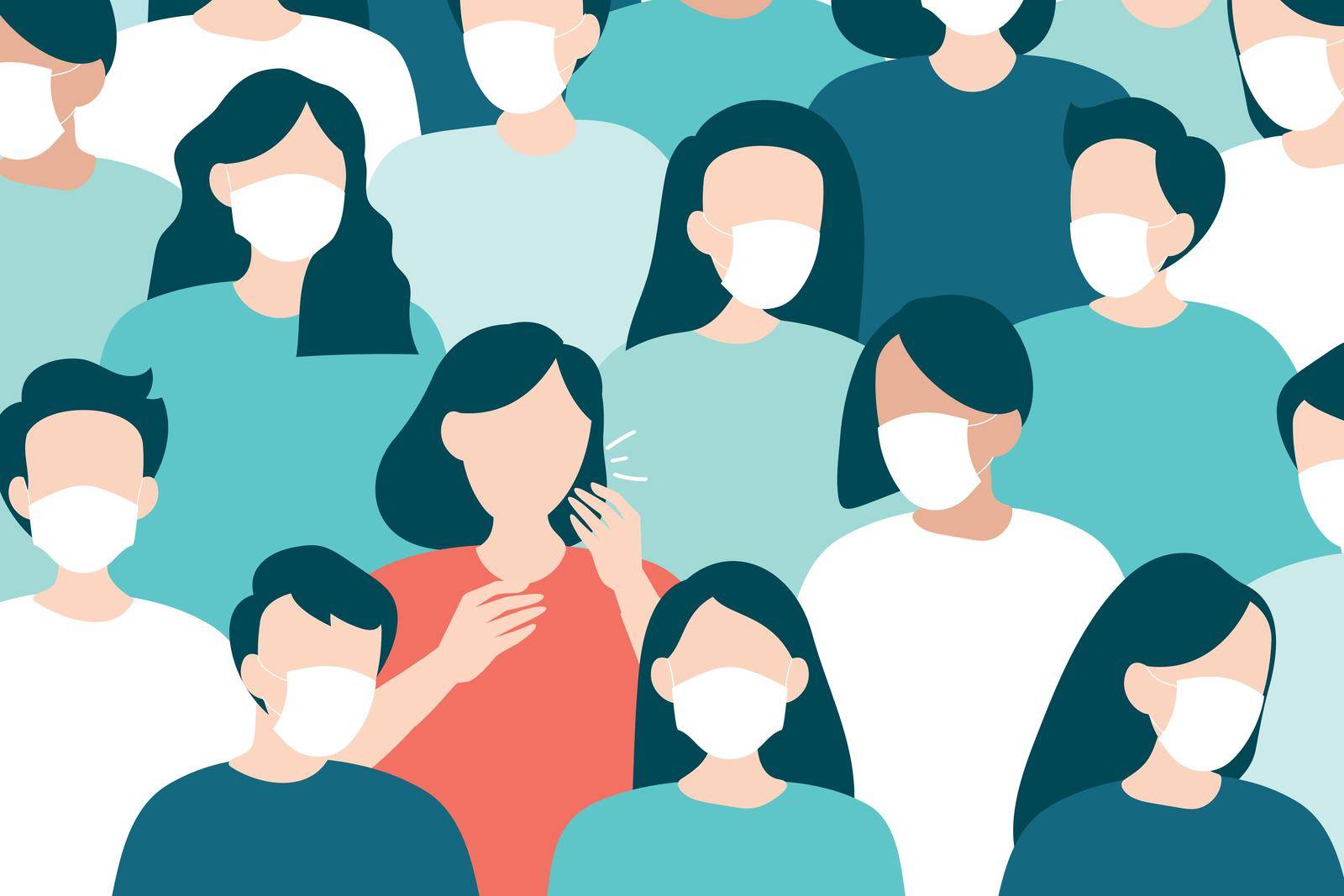 Coughing woman in a masked crowd covid-19 pattern vector
