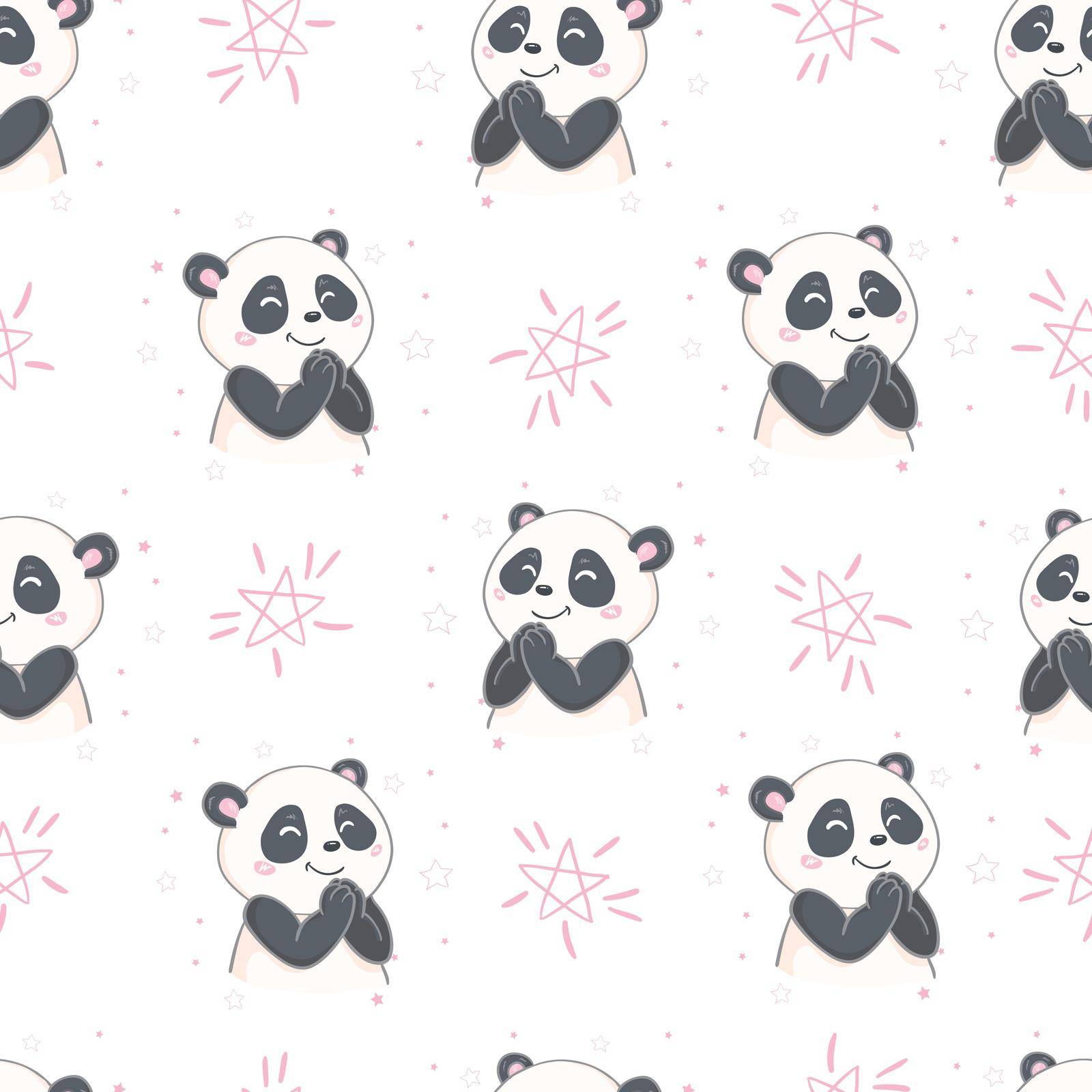 Seamless pattern with cute hand drawn panda' heads. Animal tiling background.