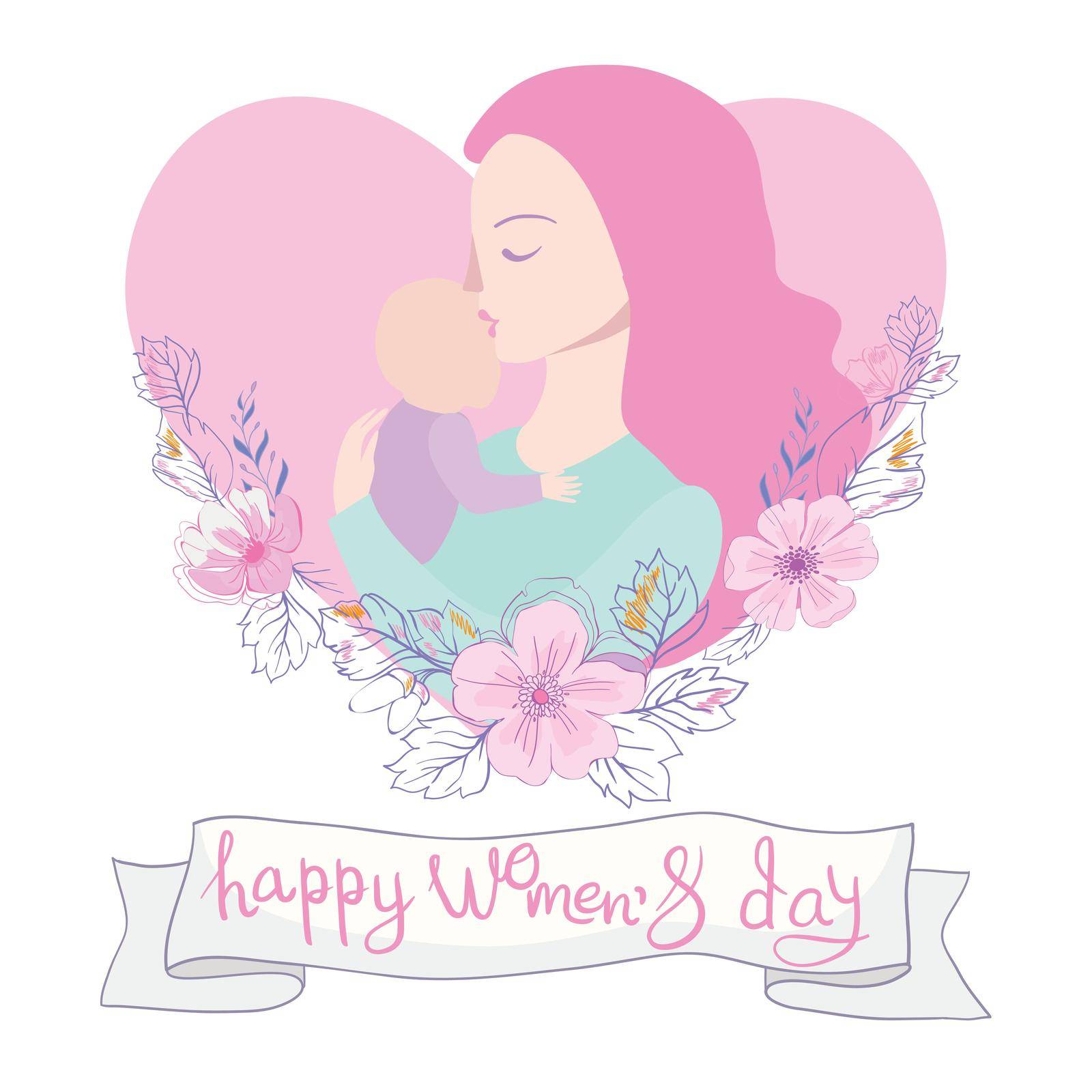 Mother holding her cute baby child vector flat illustration with flower botanical leaf ornament background by Vladimir90