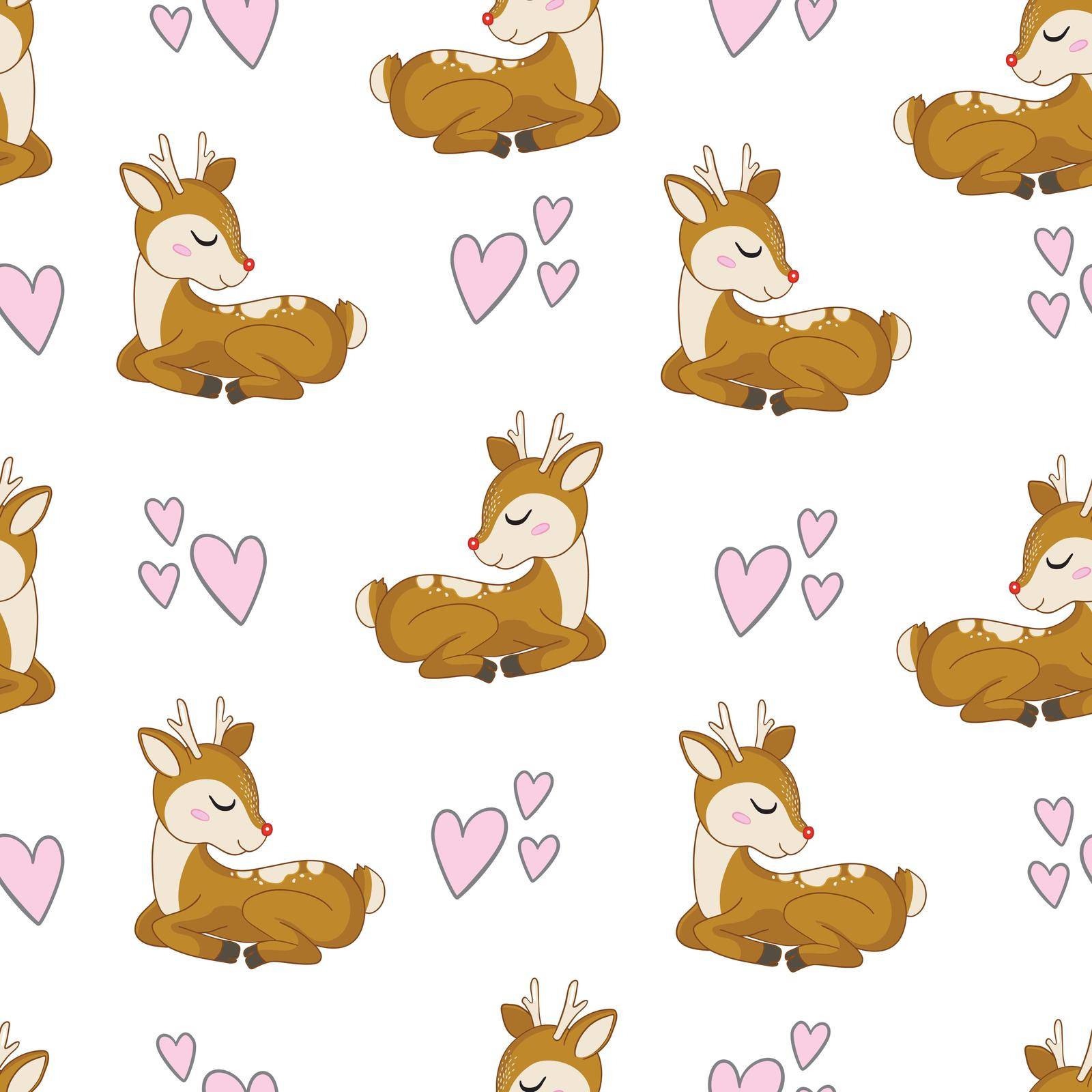 Cute deer with hearts vector seamless pattern. Children's themed Wallpapers