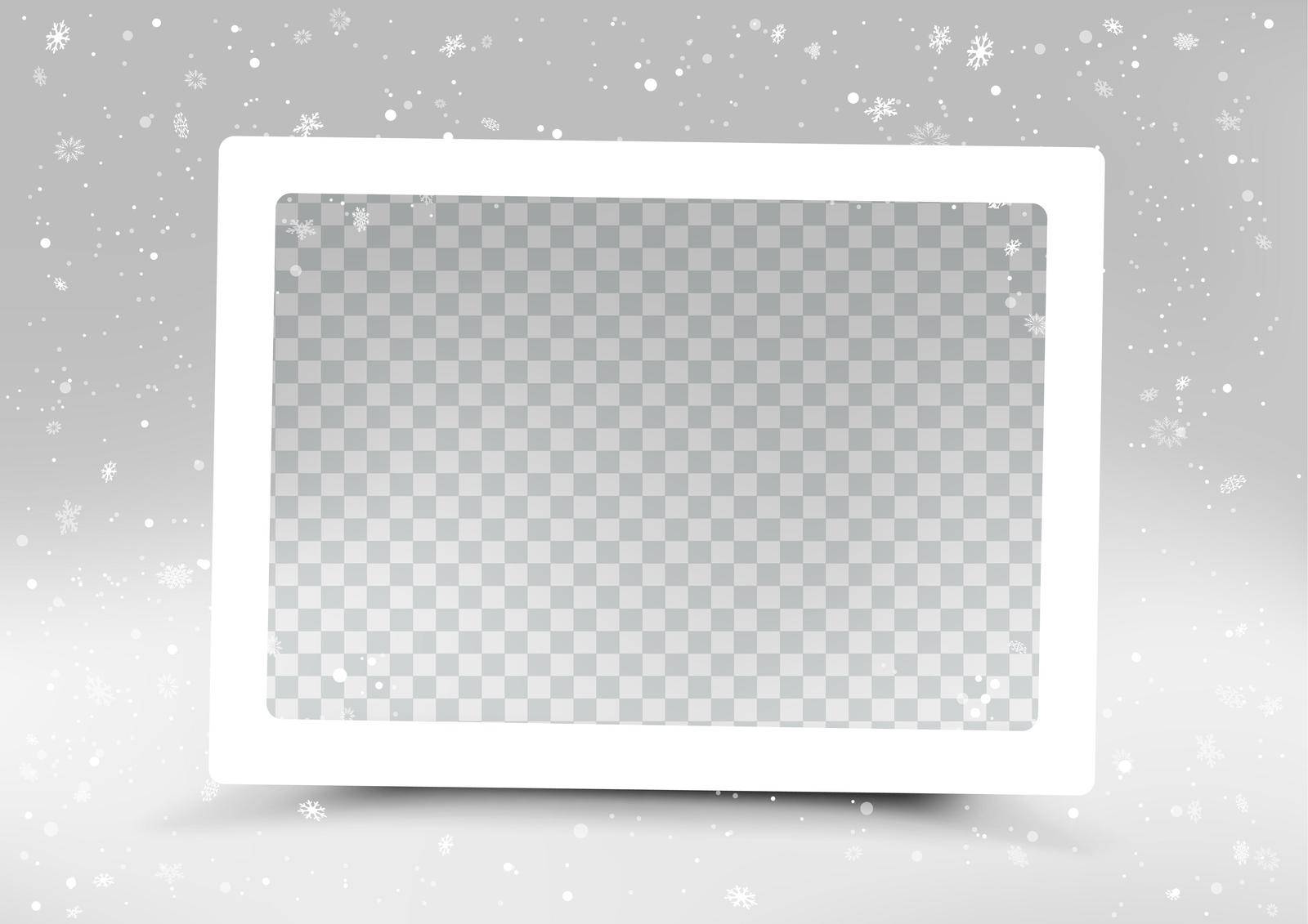 Christmas white rectangle photo frame template mockup. Holiday image framework background with snowfall. Seasonal picture border decoration backdrop