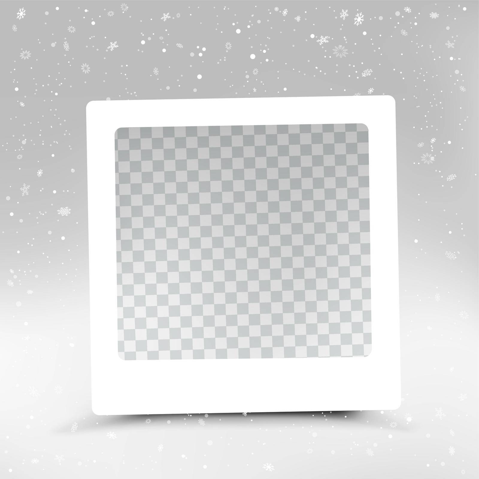 Christmas square photo frame template mockup. Holiday image framework background with snowfall. Seasonal picture border decoration backdrop