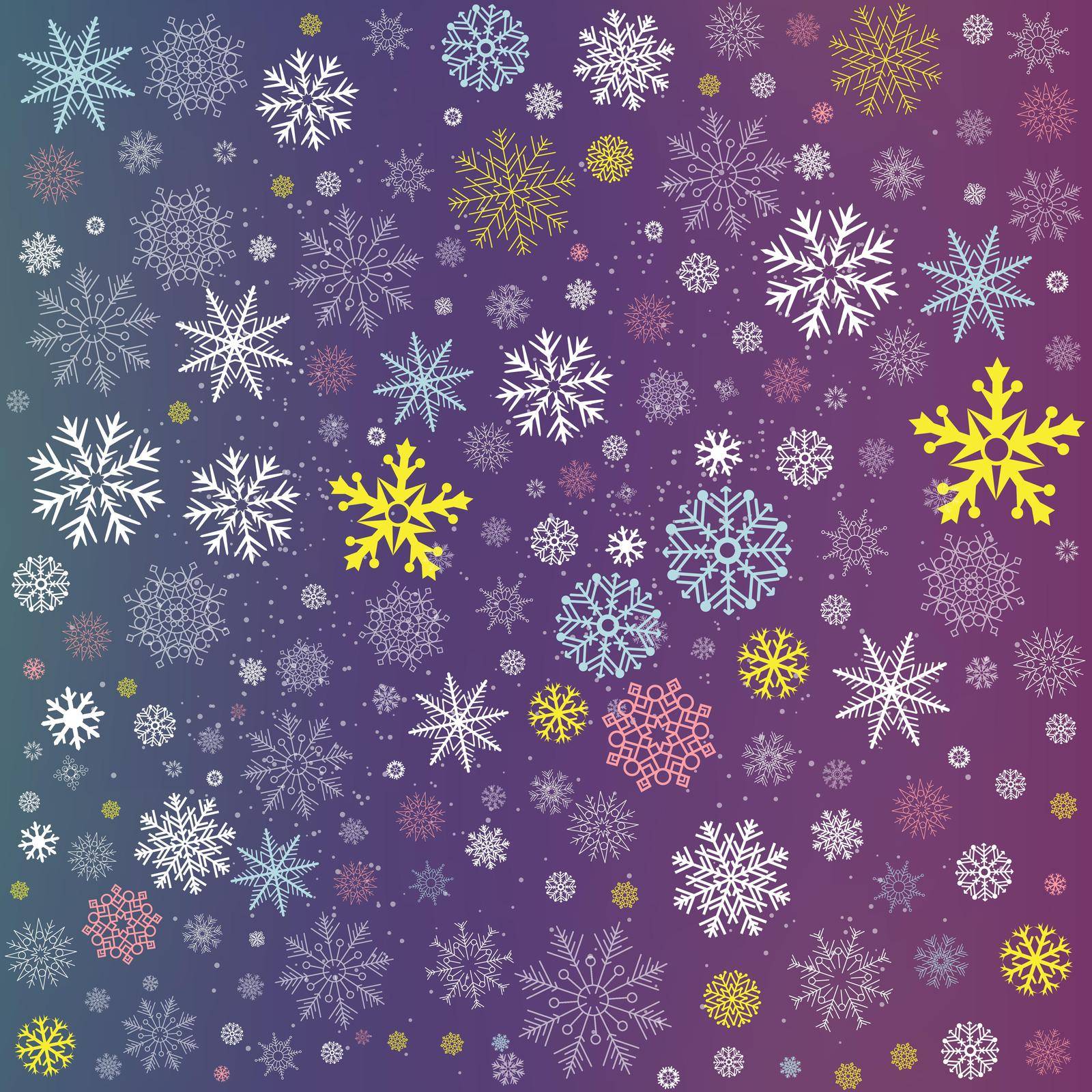 Colored snow Christmas winter decor backdrop. Holiday cartoon background snowfall. Seasonal dark blue decoration template