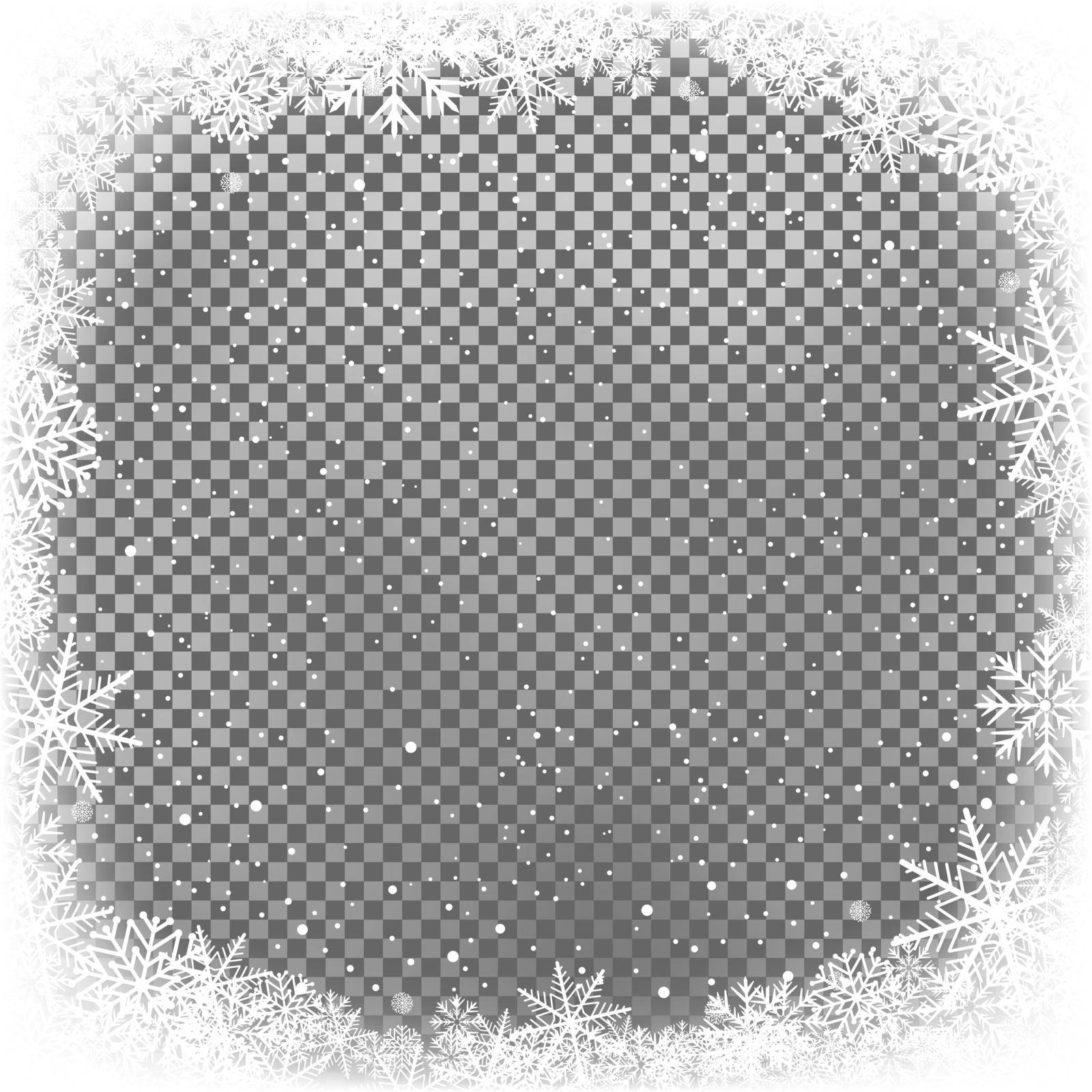 Snow frame Christmas template transparent backdrop. Holiday cartoon background snowfall. Seasonal decoration template