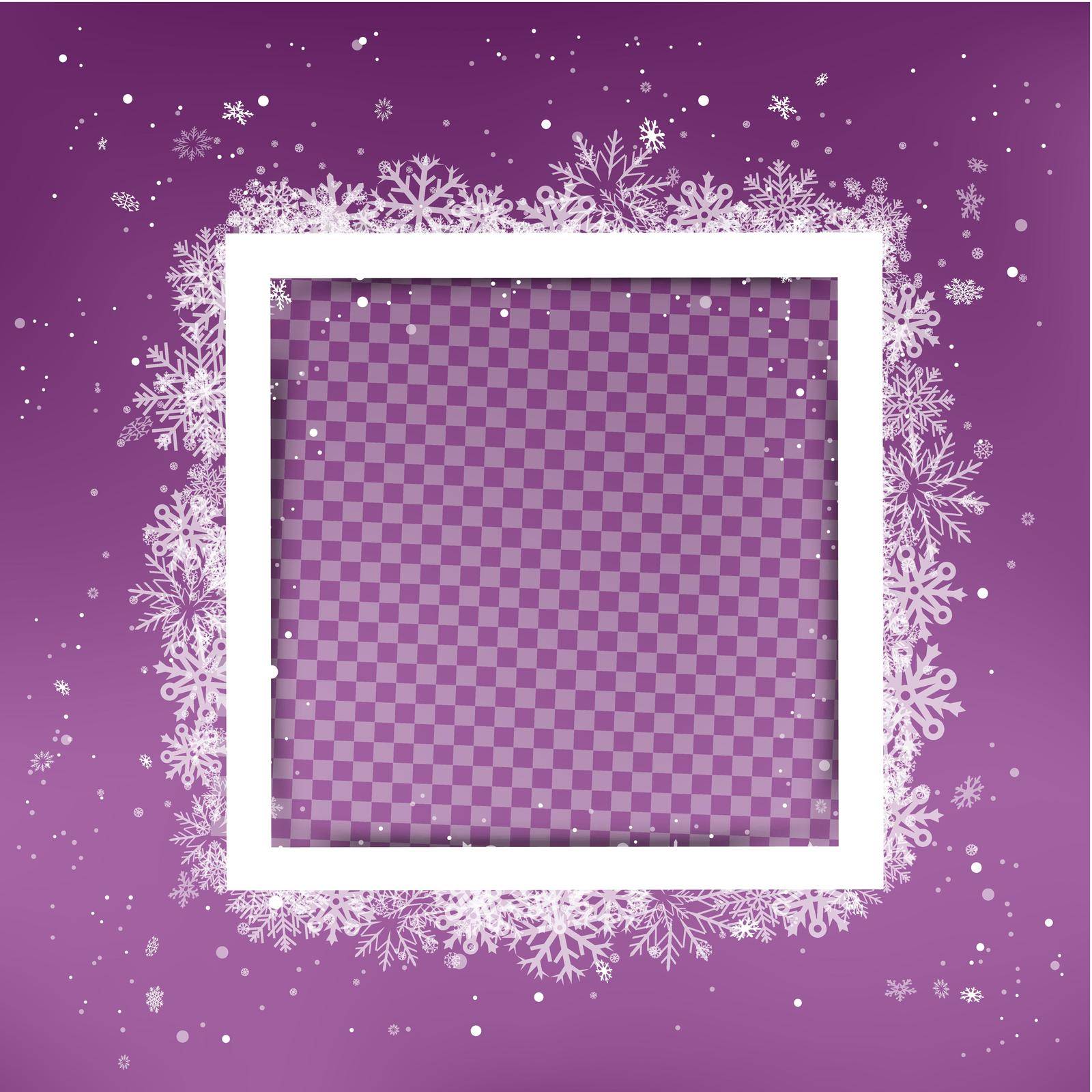 Christmas snow photo frame with shadow om purple background. Holiday winter snowfall season backdrop. Seasonal picture decoration template