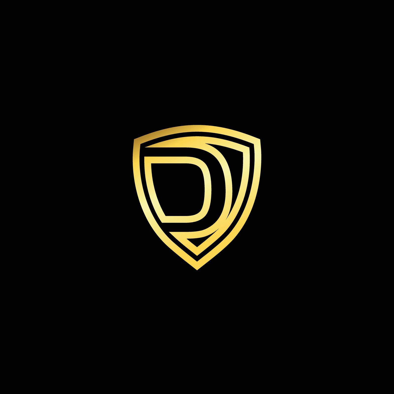 Letter D on a shield, isolated on a dark background. Luxurious, elegant, for branding purposes. Unique classy concept.. Letter shield logo design concept template by ANITA