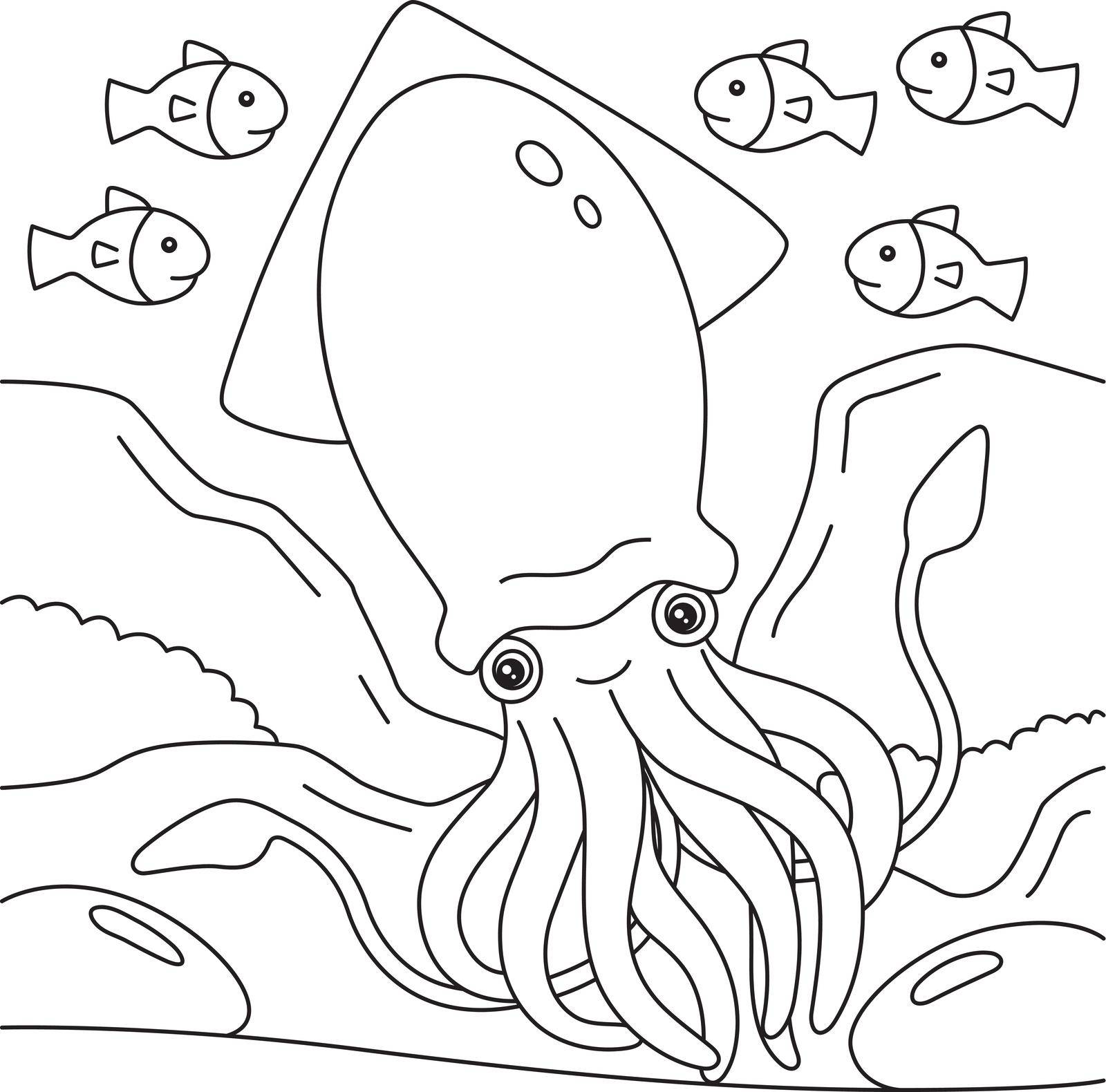 A cute and funny coloring page a giant squid. Provides hours of coloring fun for children. To color, this page is very easy. Suitable for little kids and toddlers.