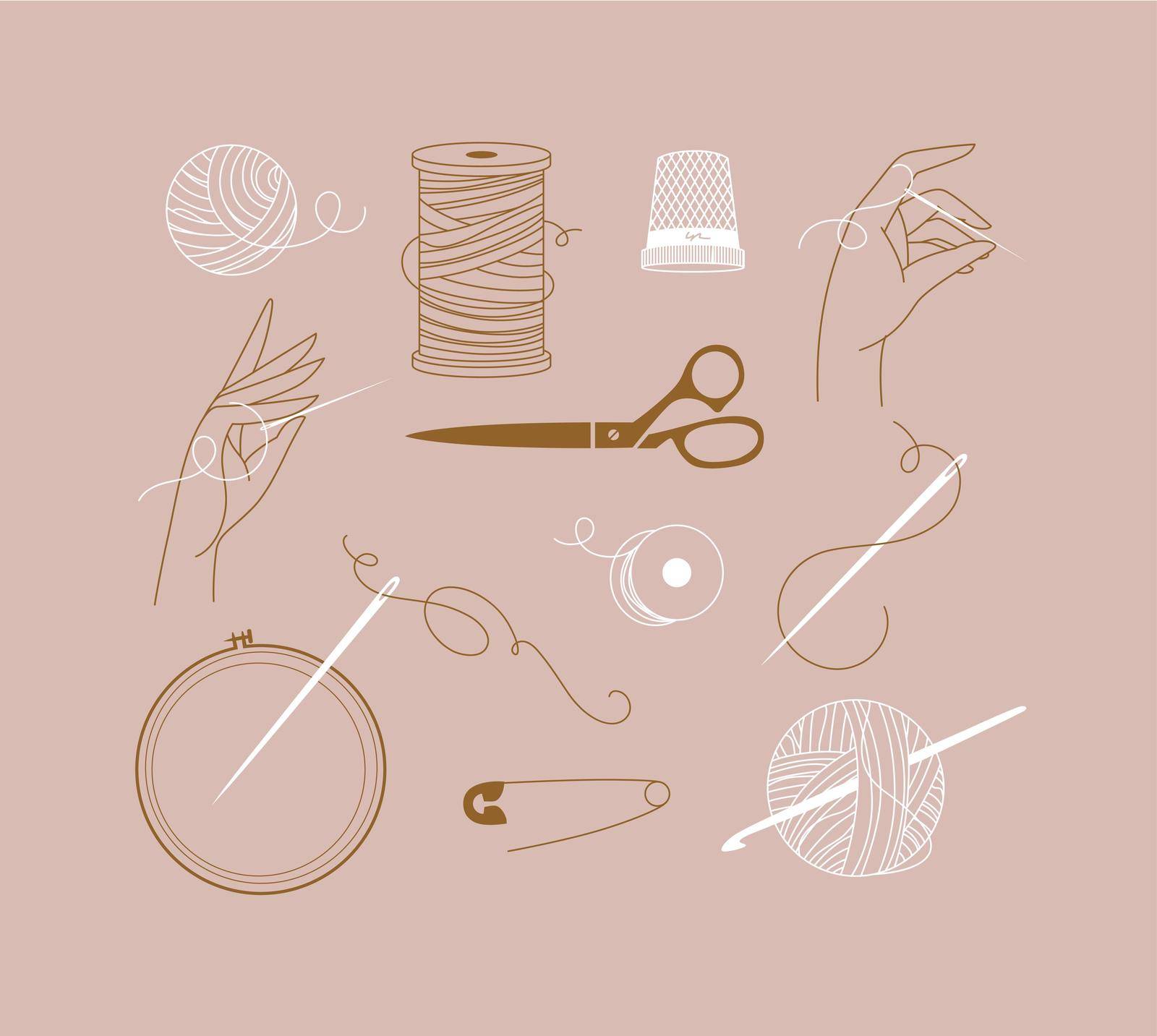Sewing symbols thread, needle, scissors, pin, thimble, knitting, hand, spool, babin, tambour, crochet, hook in a classic sophisticated style peach color