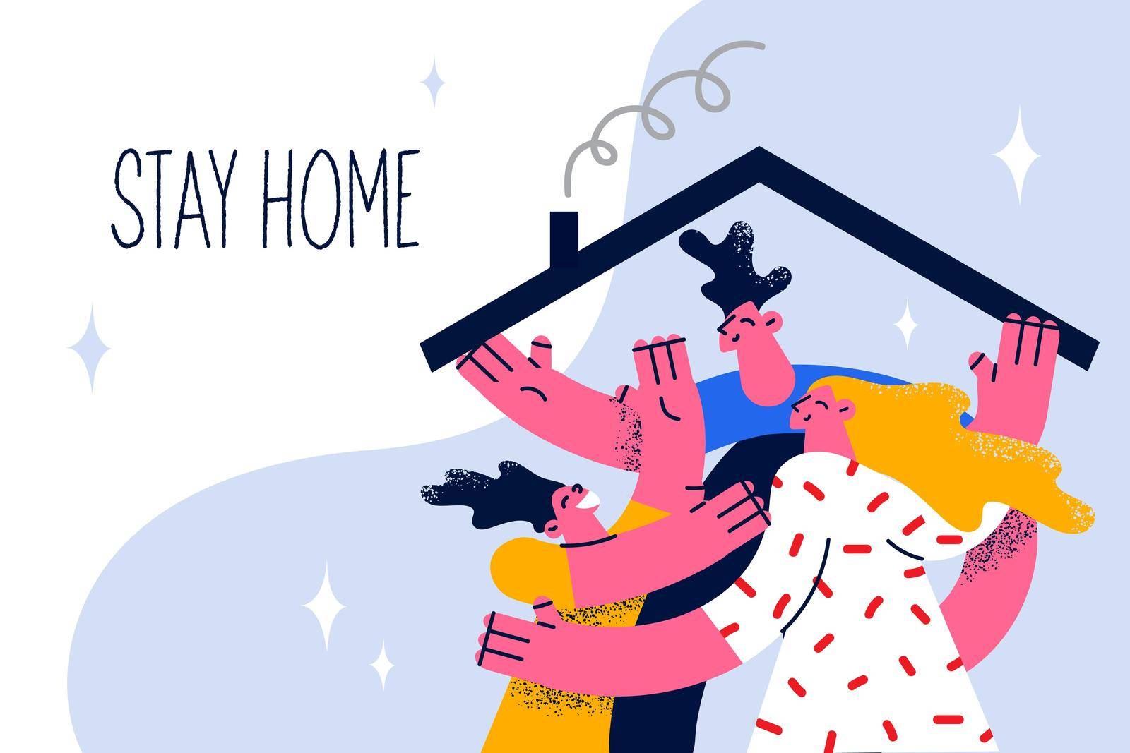 Stay at home during pandemic concept. Young smiling family with child hugging staying at home under roof during covid-19 epidemic together with lettering vector illustration