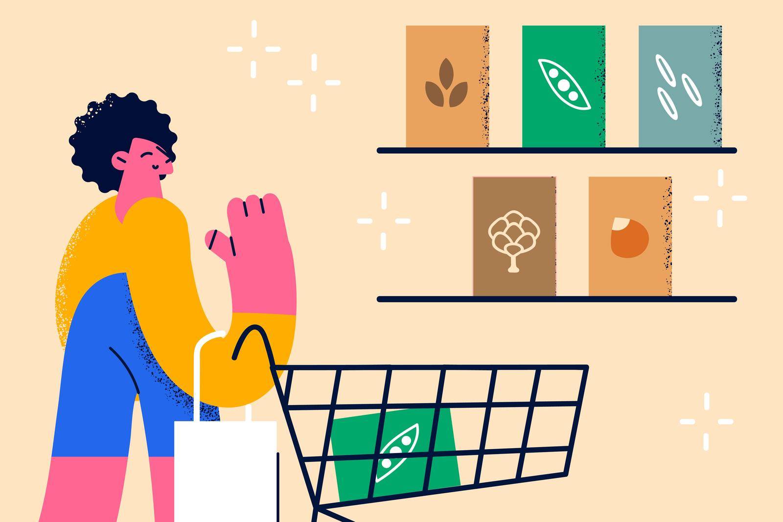 Healthy diet and lifestyle concept. Young smiling female standing in grocery store choosing fresh ingredients grains cereals in box for healthy eating vector illustration