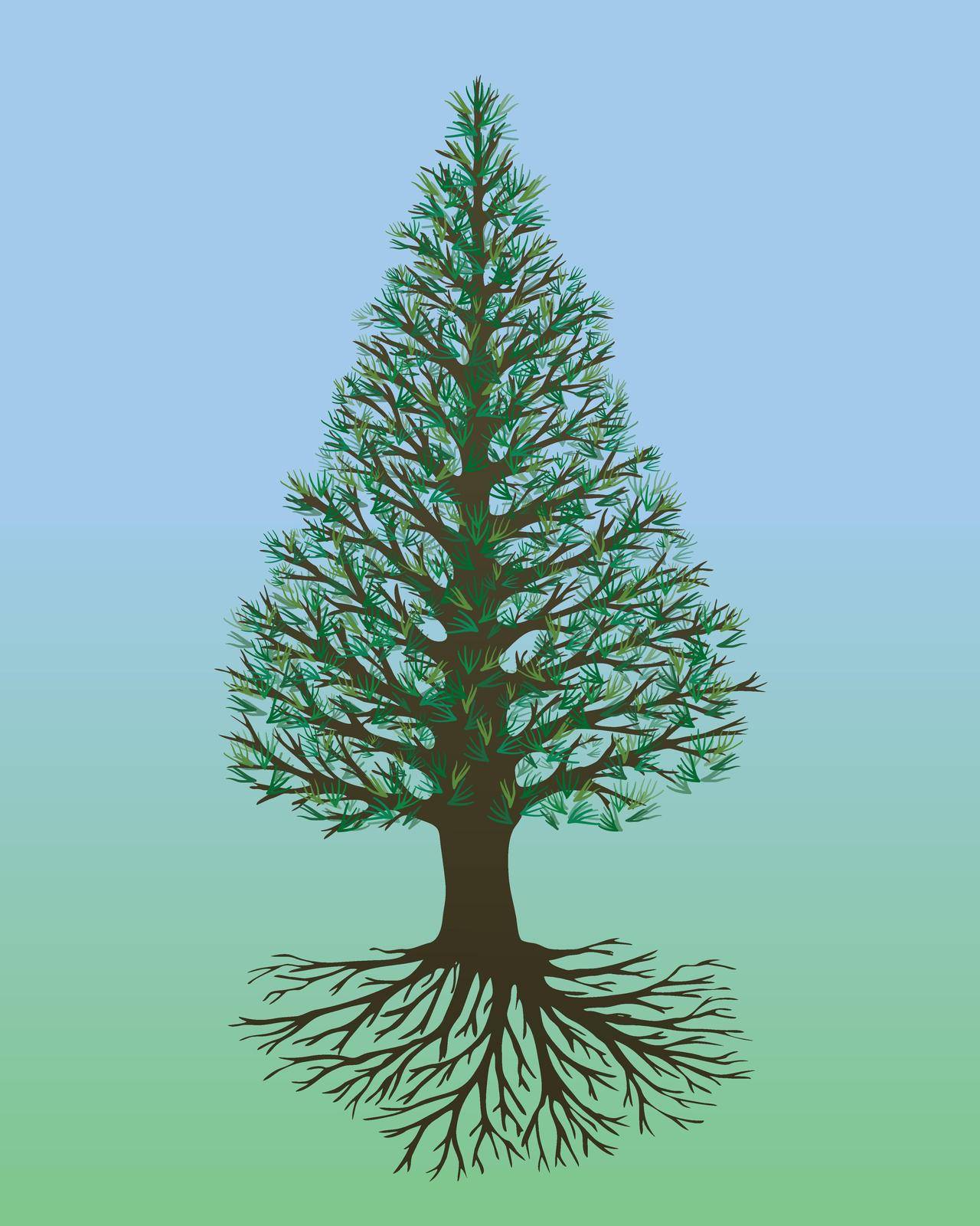 A vector illustration of a tree of life or yggdrasil with pine needles. The tree has a pointed shape.