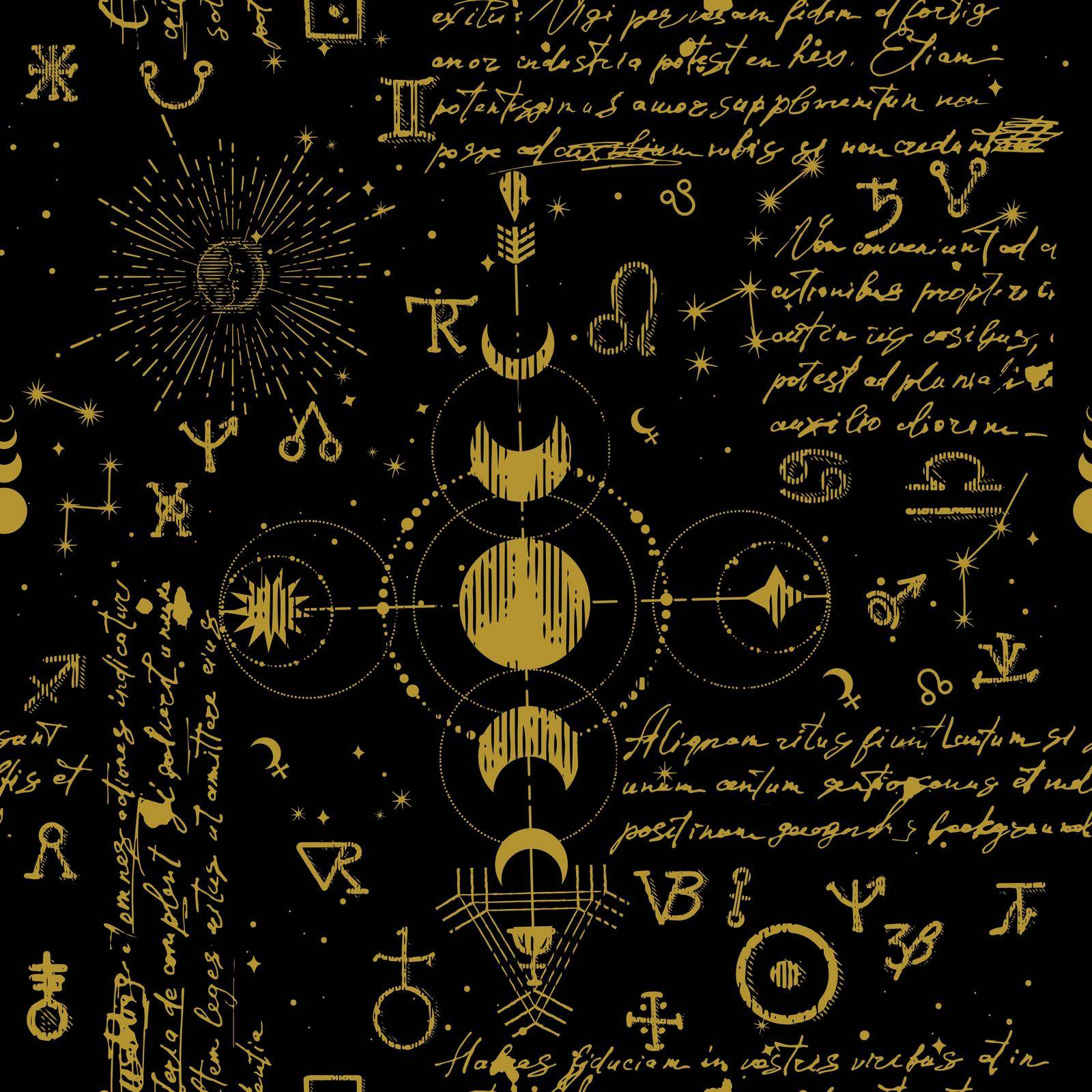 Seamless esoteric pattern. Astrological, magical and esoteric symbols. Background from a manuscript with occult sketches and sloppy handwritten text in the style of a sketch