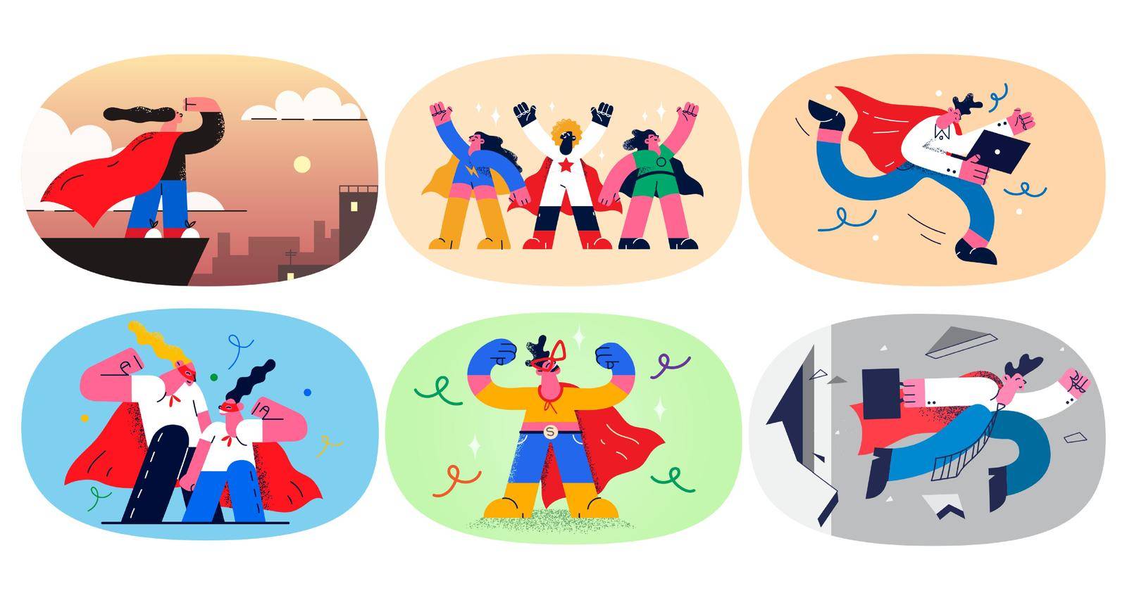 Set of happy powerful businesspeople as superheroes celebrate business success and win. Collection of employees or workers show power and leadership. Goal achievement. Vector illustration.