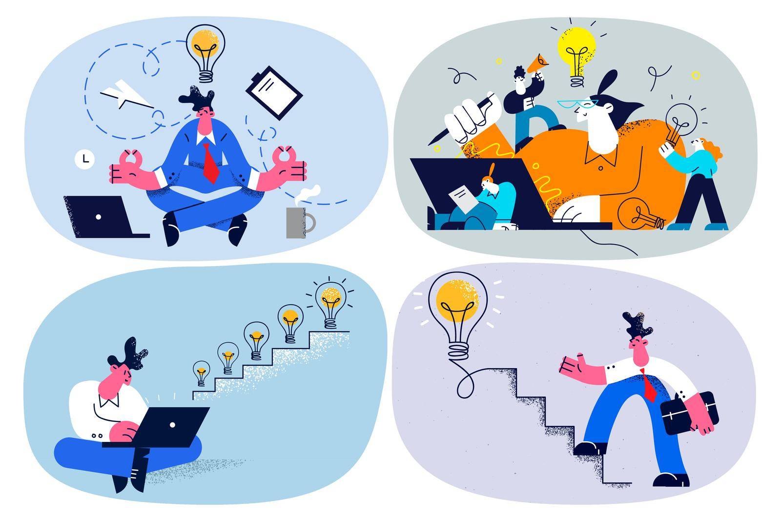 Businesspeople go up career stairs generate new ideas in business. Employee brainstorm engaged in startup project or strategy development. Problem solution. Employment. Flat vector illustration. Set.