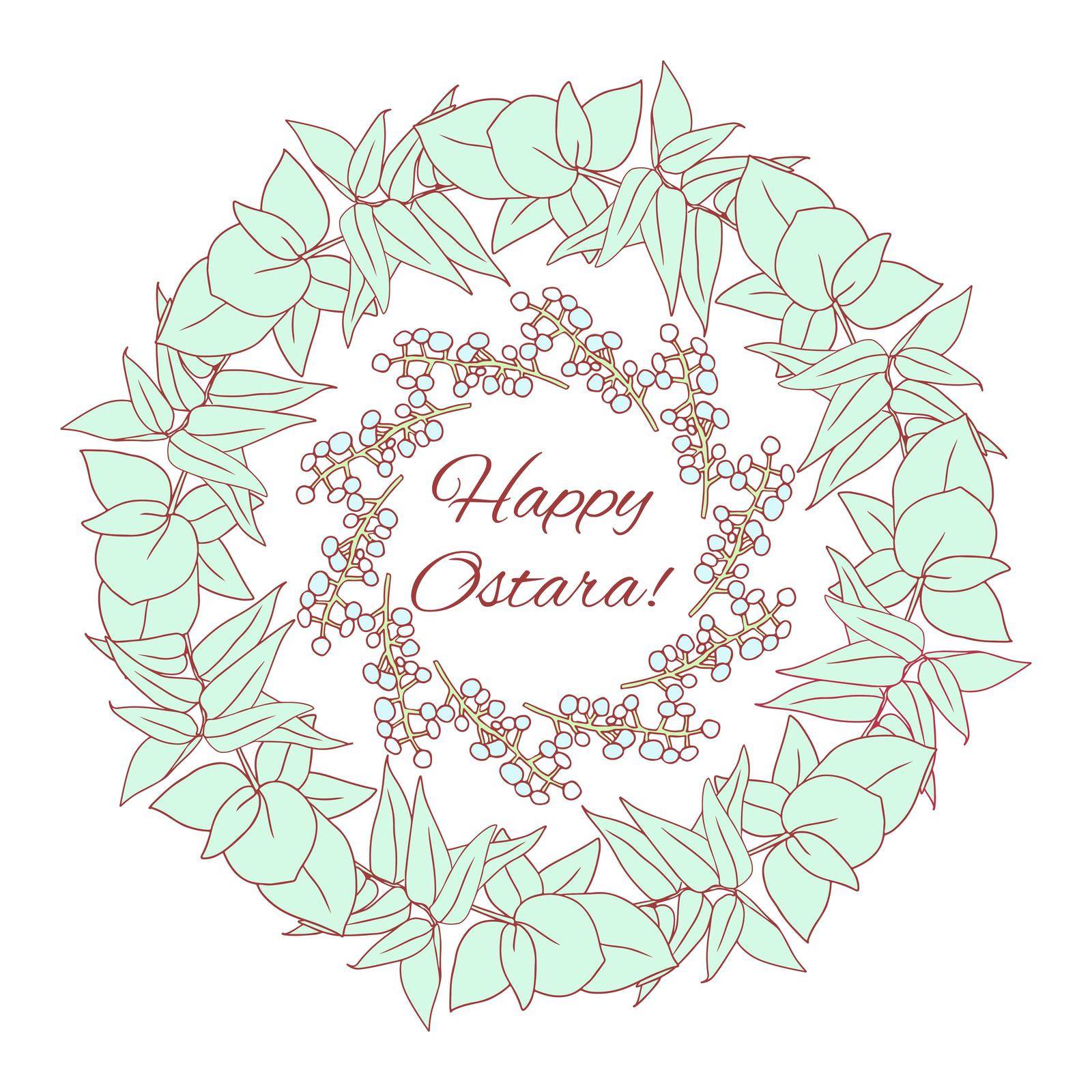 Pagan Festival Ostara greeting card. Vector frame design in soft pastel colors with lettering Blessed and happy Ostara.