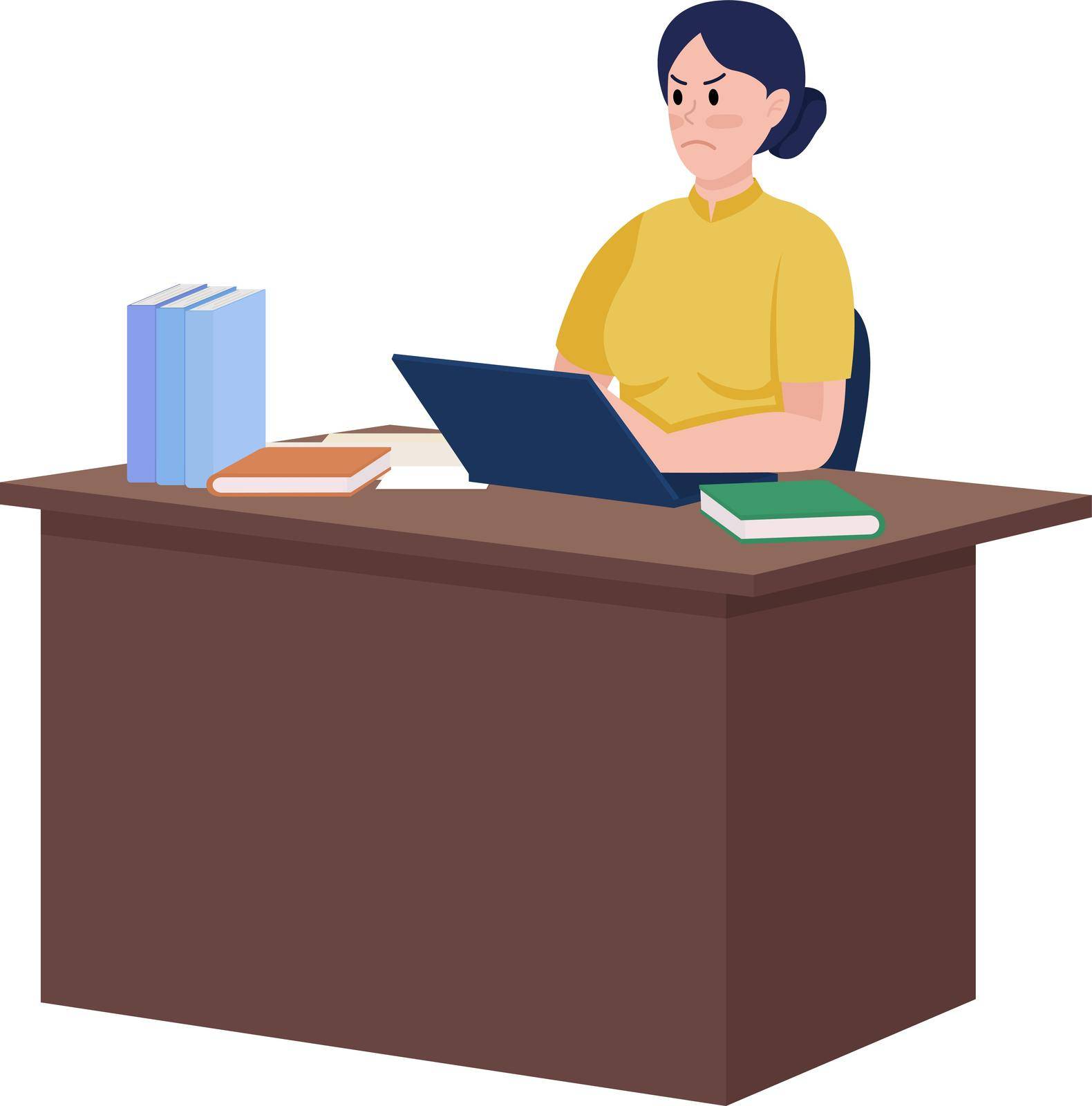 Irritated principal sitting at desk semi flat color vector character. Full body person on white. Feeling angry isolated modern cartoon style illustration for graphic design and animation