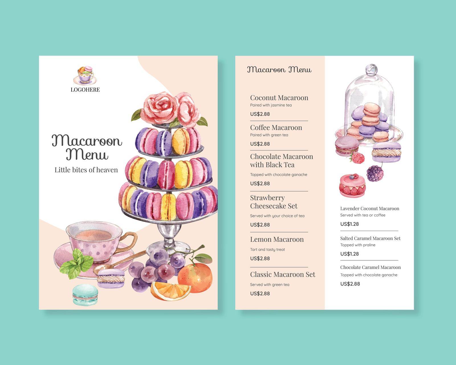 menu template with macaron sweet concept,watercolor style