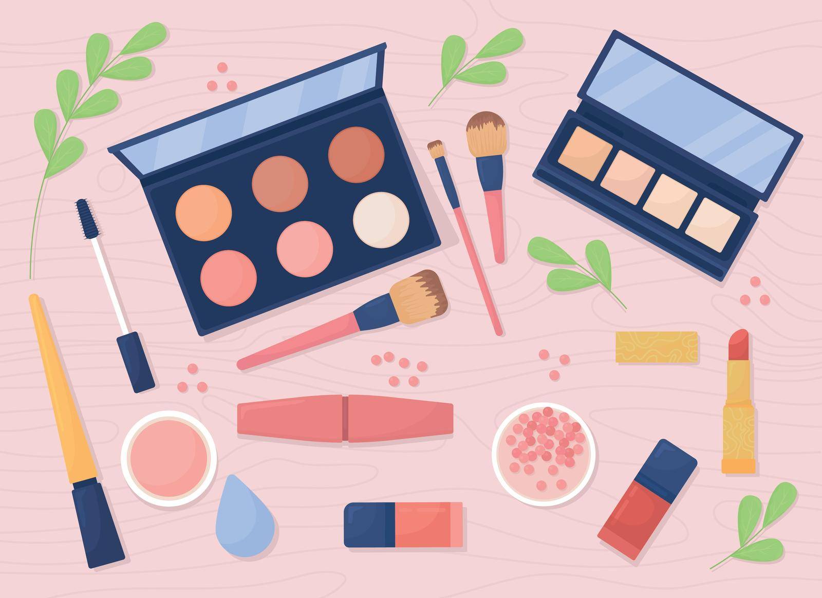 Cosmetics flat color vector illustration. Makeup products. Eyeshadows with lipsticks and mascara. Skin care and beauty. Top view 2D cartoon illustration with desktop on background collection