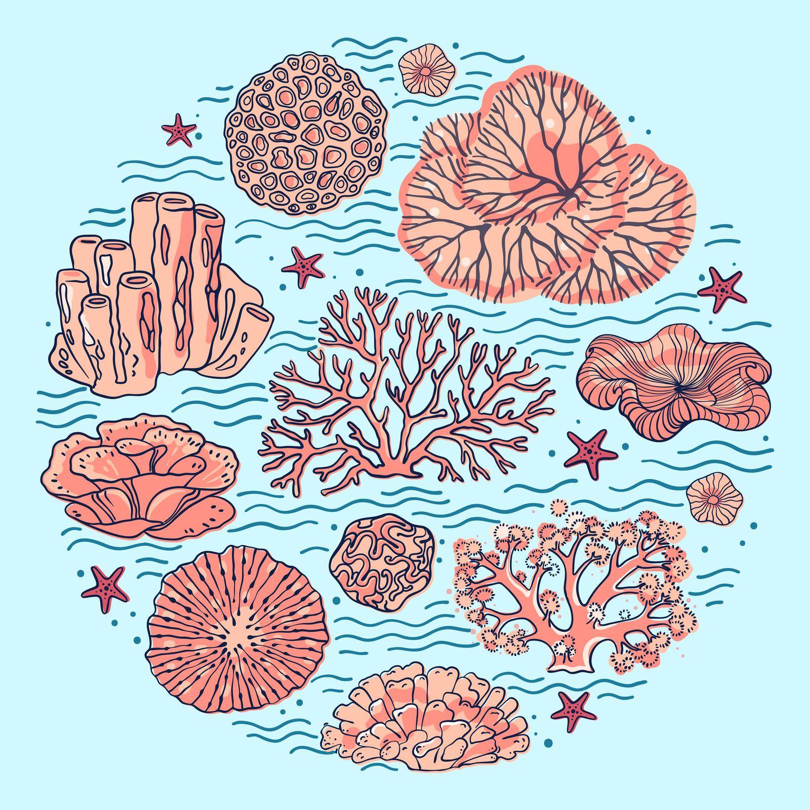 The coral reef is drawn in a line art style. Sea and ocean plants and rocks, isolated on white background. Coloring book page design. Home decoration in nautical style. Vector illustration