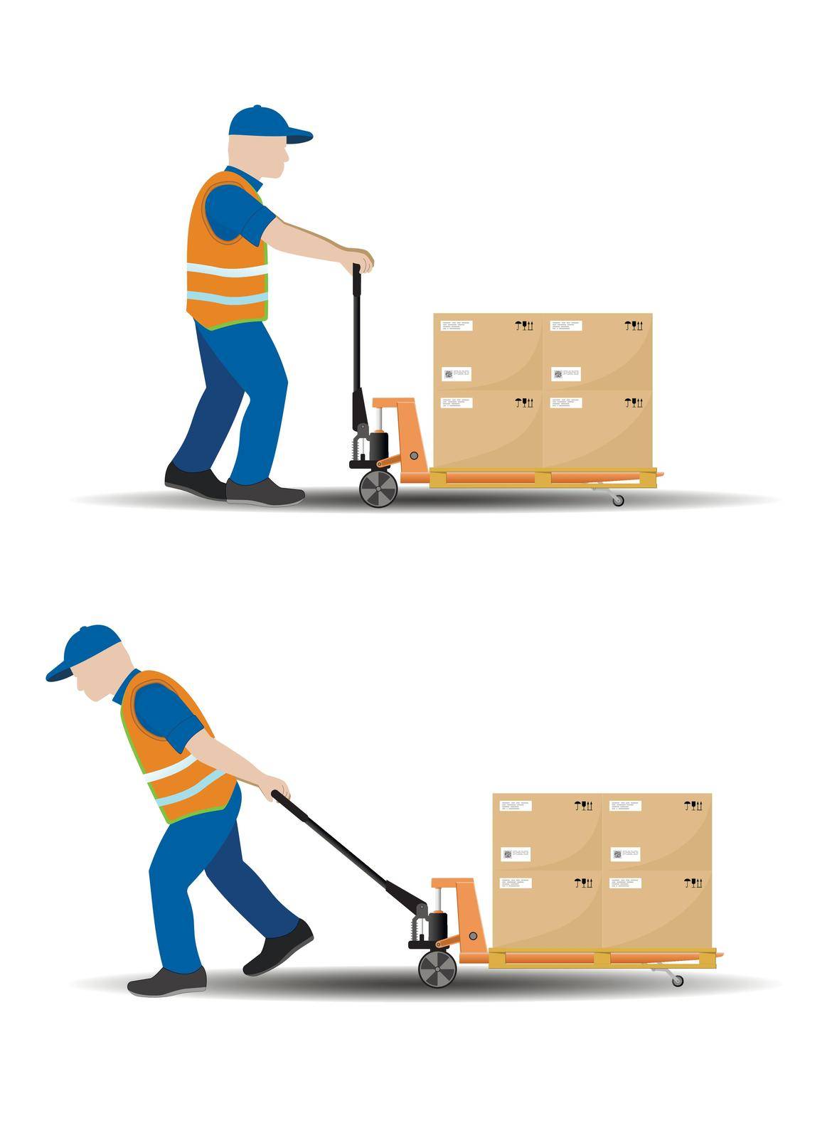 A set of vector images of moving manual hydraulic pallet truck, the worker moves the load. Storage equipment. Flat vector illustration.
