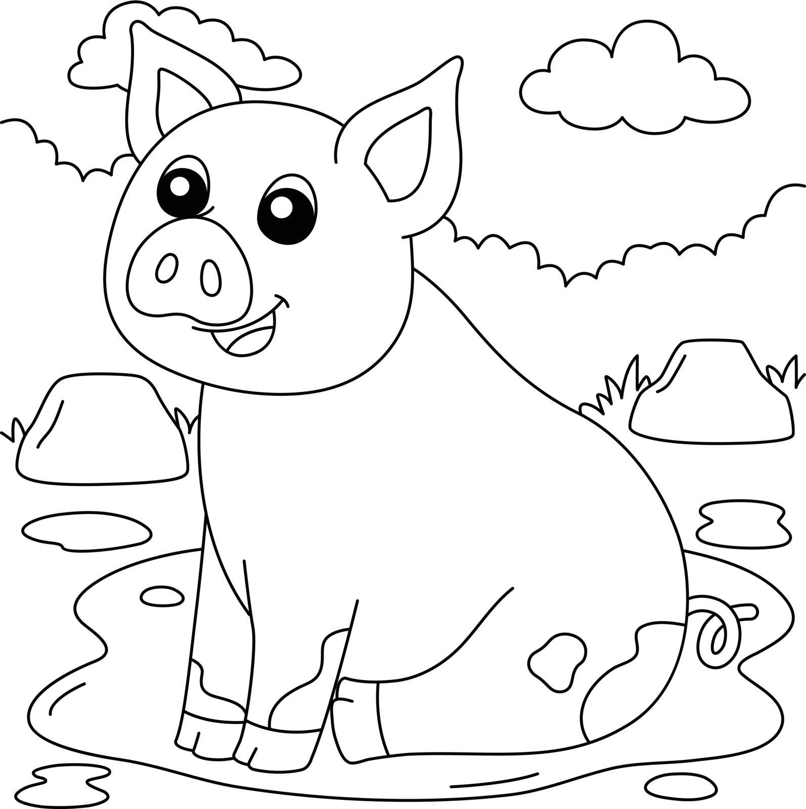 A cute and funny coloring page of a pig farm animal. Provides hours of coloring fun for children. To color, this page is very easy. Suitable for little kids and toddlers.