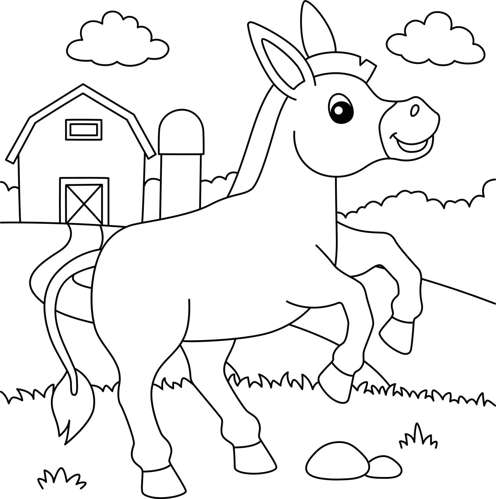 A cute and funny coloring page of a donkey farm animal. Provides hours of coloring fun for children. To color, this page is very easy. Suitable for little kids and toddlers.