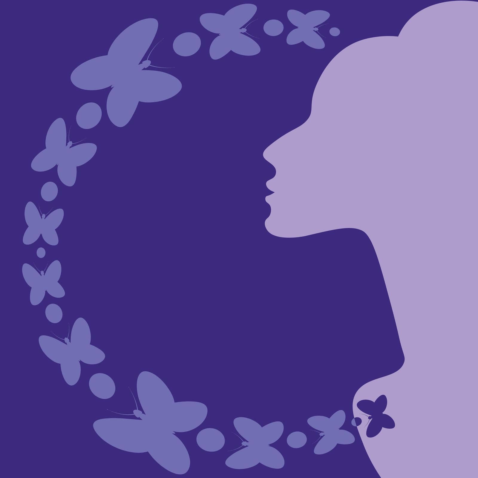 Illustration on a square background on the theme of inspiration - elegant female profile and butterflies. Design element of books, notebooks, postcards, interior items. Background for a website, mobile app, or blog. Inspiration, femininity, magic, surreal, feminine charm, charm