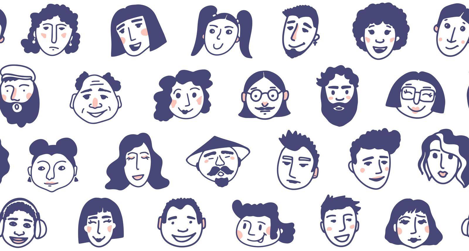 Funy faces seamless pattern. Black and white background with cute doodle people. Vector illustration