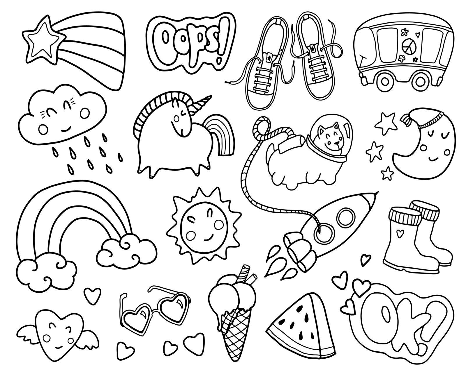 Set of girly graffiti doodles for decoration, stickers or embroidery. Cartoon patch badges or fashion pin badges. Vector illustrations