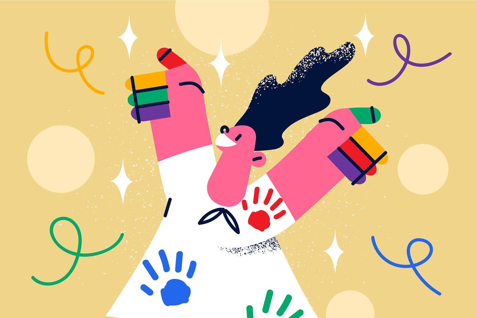 Excited little girl with paints on hands feel joyful optimistic. Happy small kid child with colorful drawings on palms and body enjoy good joyous day. Childhood fun concept. Vector illustration.