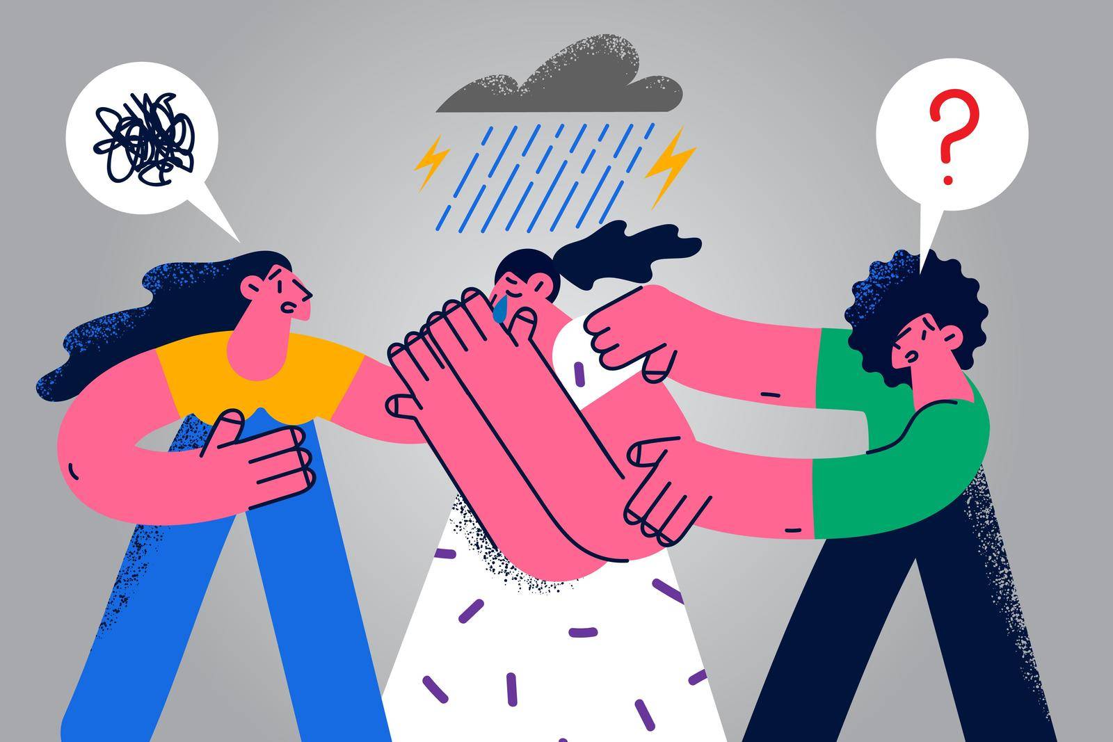 Caring friends help sad unhappy girl crying suffering from mental disorder or depression. Distressed young woman struggle with psychological issue or anxiety problem. Flat vector illustration.