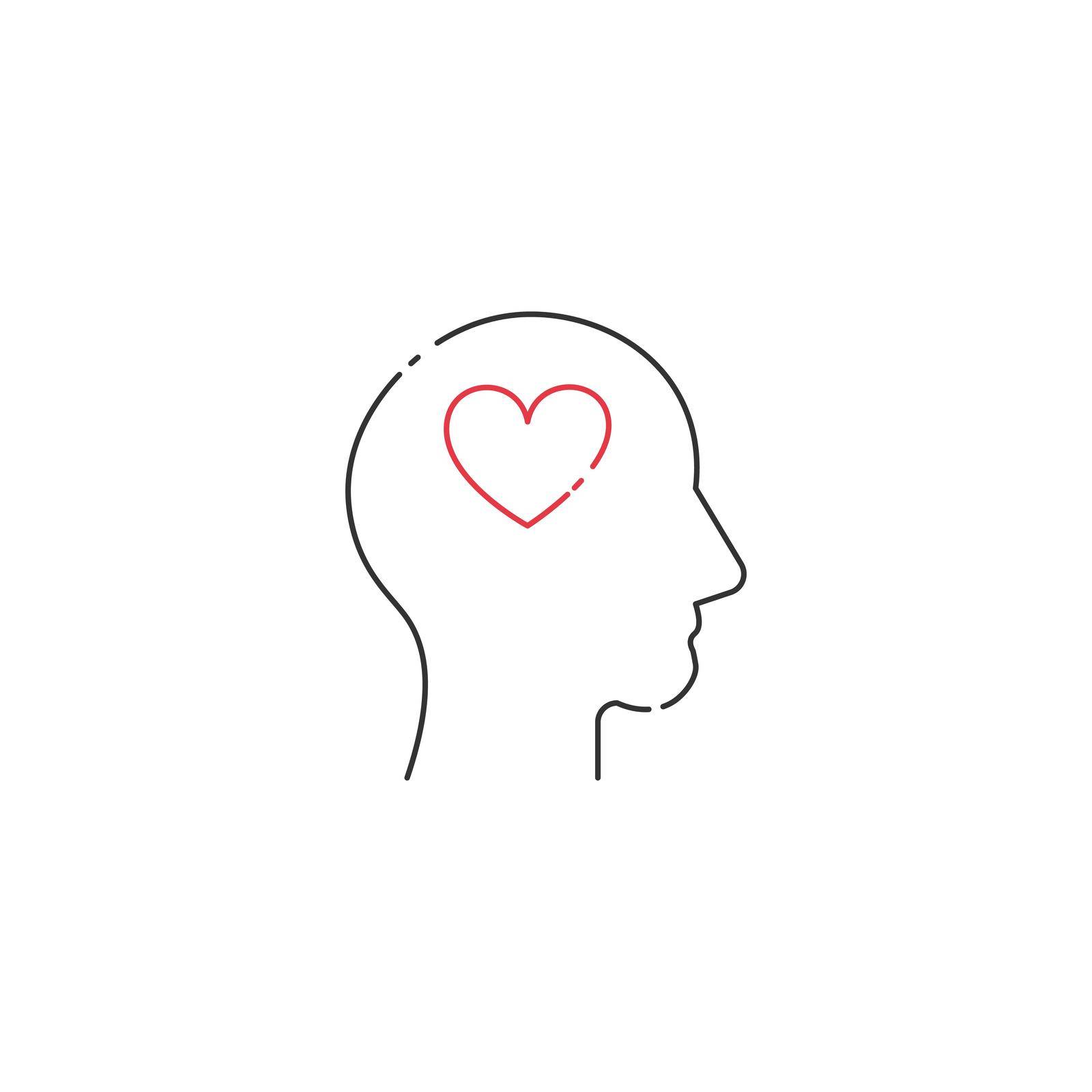 Heart in a human head. The psychology of the way of thinking. Vector linear icon isolated