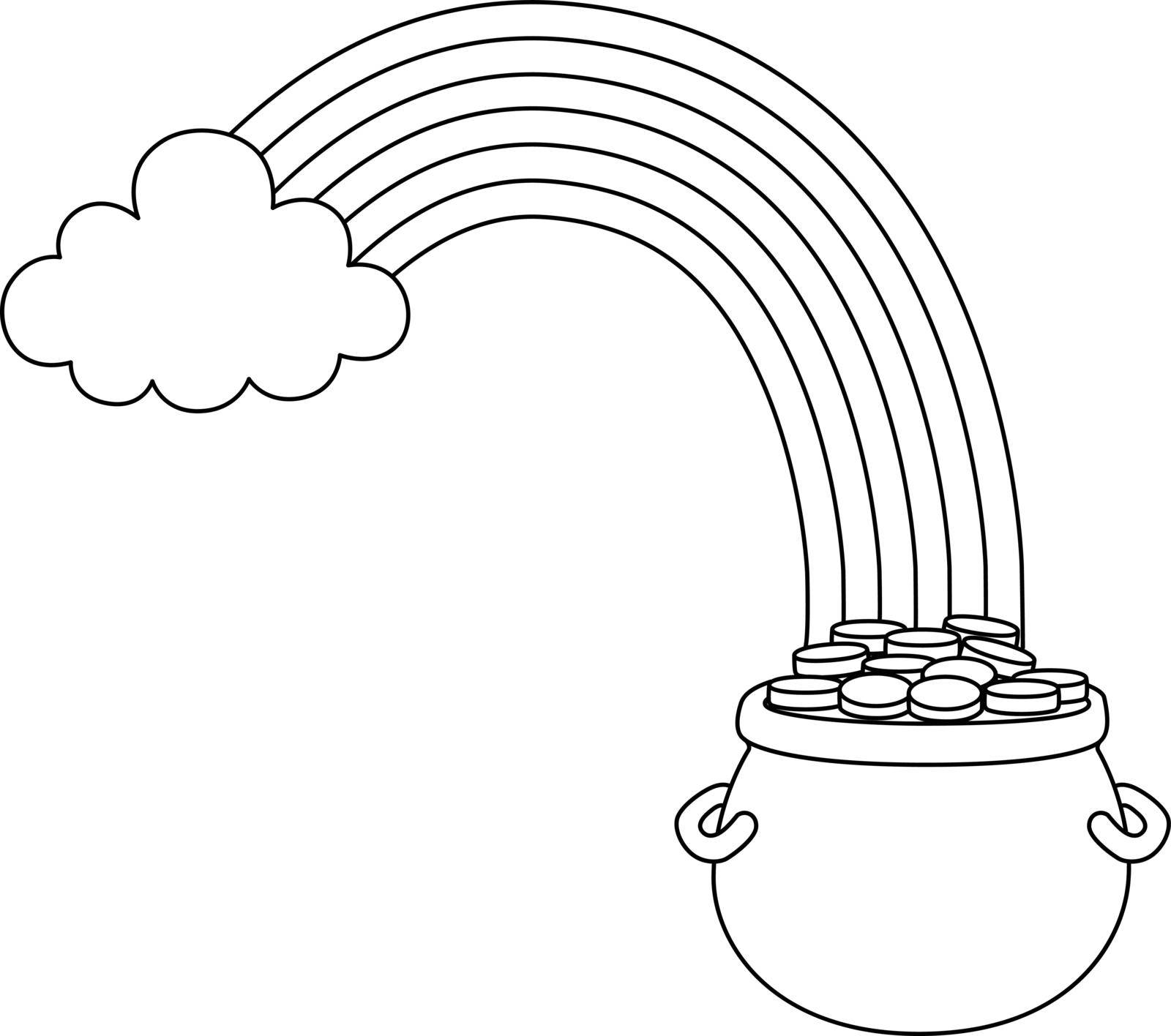 A cute and funny coloring page of a St. Patricks Day rainbow pot of gold. Provides hours of coloring fun for children. To color, this page is very easy. Suitable for little kids and toddlers.