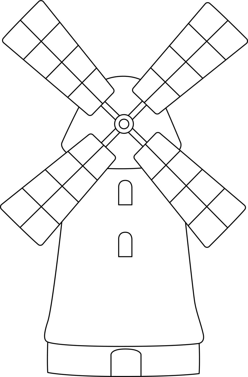 Windmill Coloring Page Isolated for Kids by abbydesign