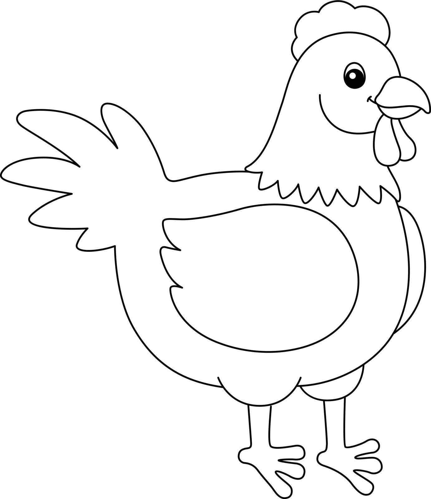 A cute and funny coloring page of a chicken. Provides hours of coloring fun for children. To color, this page is very easy. Suitable for little kids and toddlers.