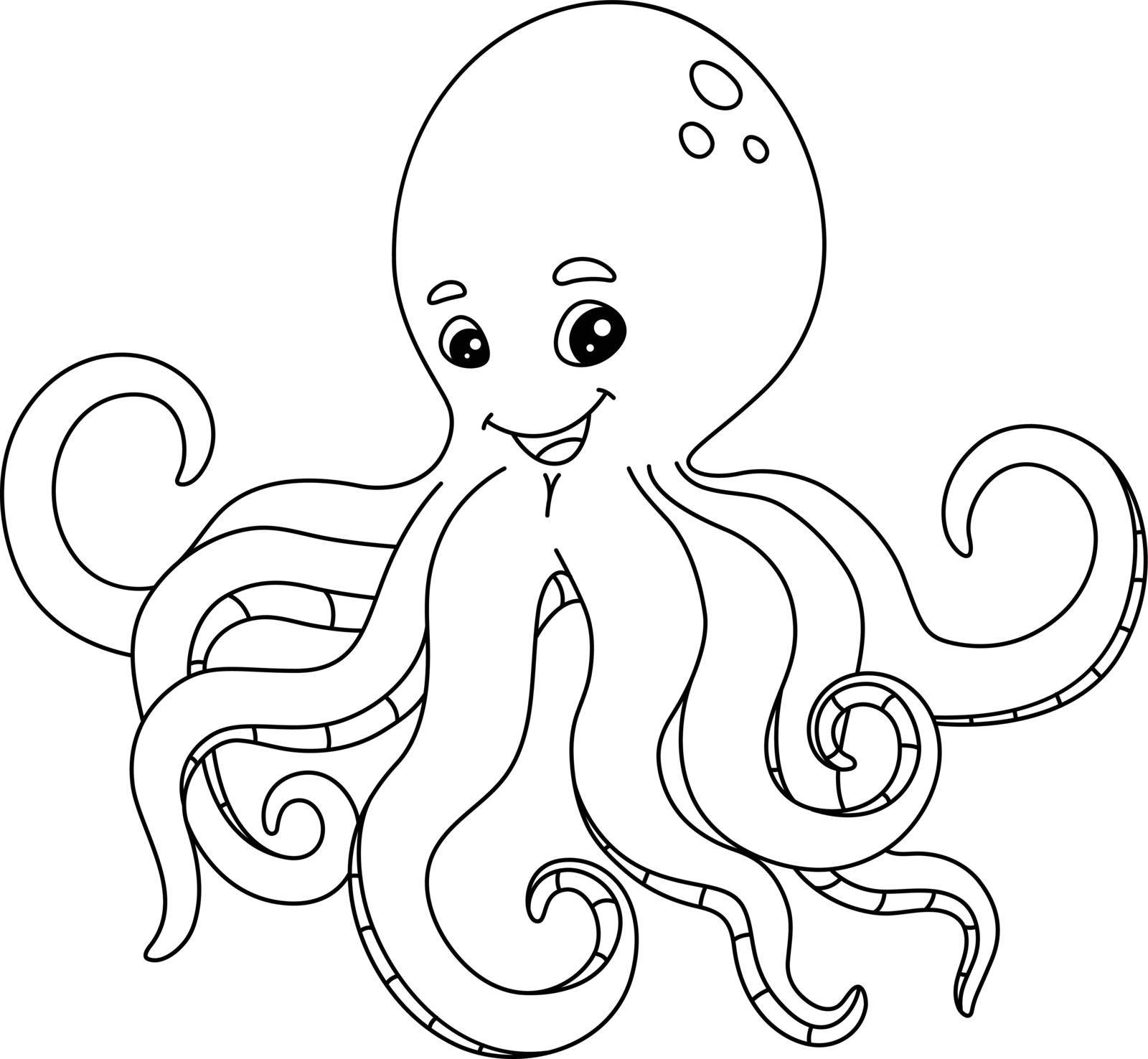 A cute and funny coloring page of an octopus. Provides hours of coloring fun for children. To color, this page is very easy. Suitable for little kids and toddlers.