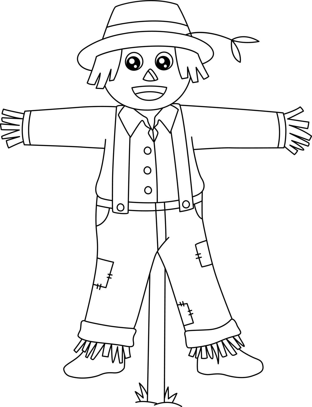 A cute and funny coloring page of a scarecrow. Provides hours of coloring fun for children. To color, this page is very easy. Suitable for little kids and toddlers.