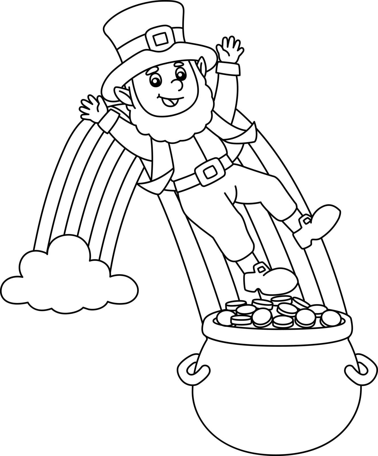 A cute and funny coloring page of a St. Patricks Day leprechaun on a rainbow. Provides hours of coloring fun for children. To color, this page is very easy. Suitable for little kids and toddlers.