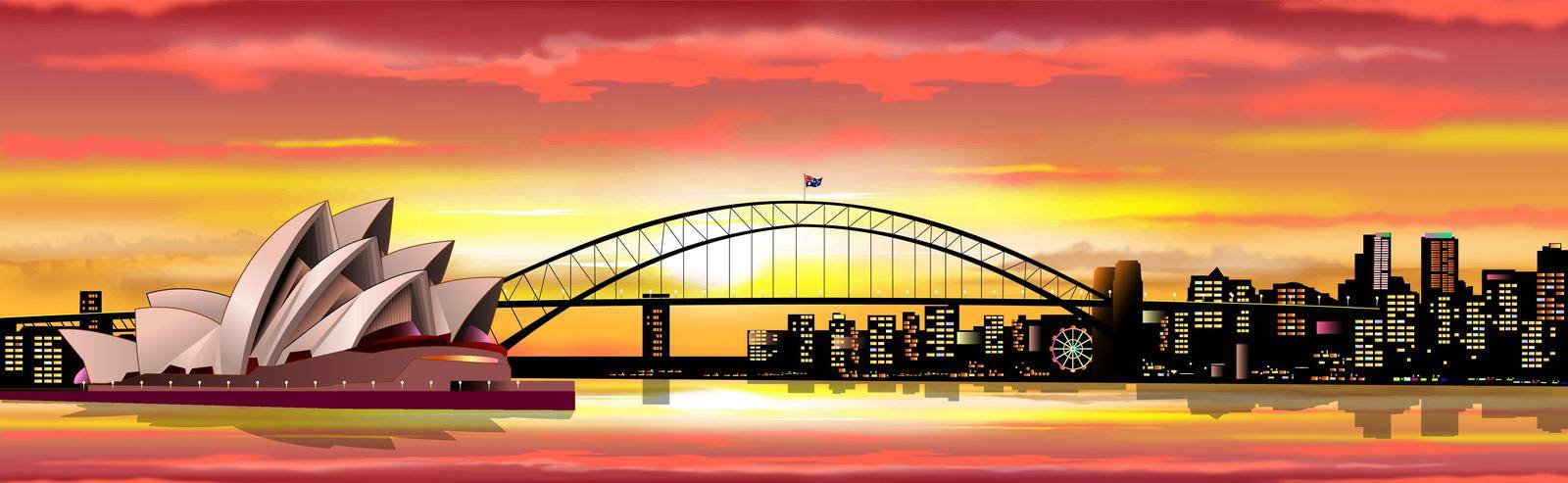 Australian city of Sydney. Opera building. Bridge over the bay. Sun, sky with clouds. Sunset.