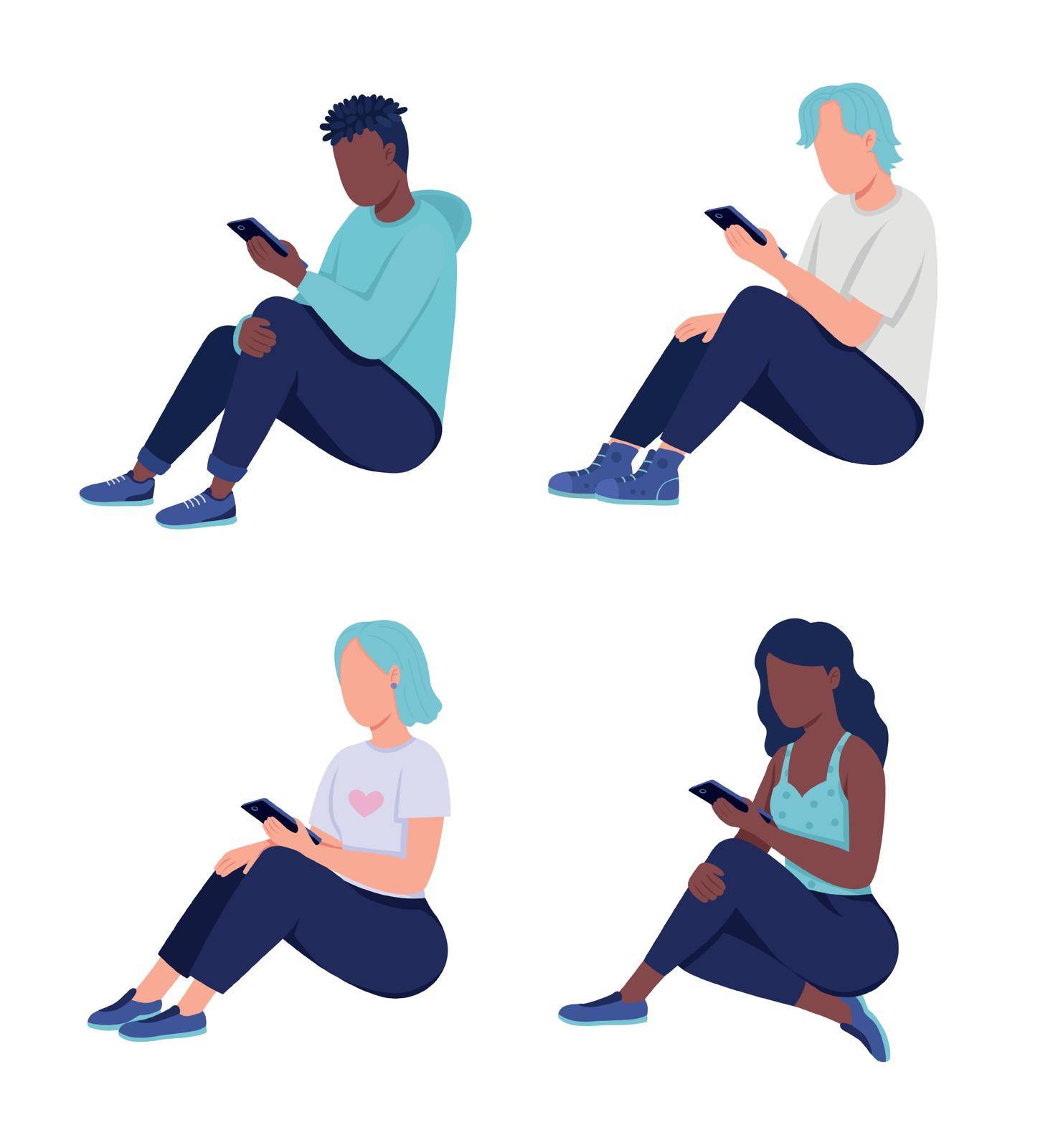 Teen smartphone addiction semi flat color vector characters set. Full body people on white. Spending time alone isolated modern cartoon style illustrations collection for graphic design and animation